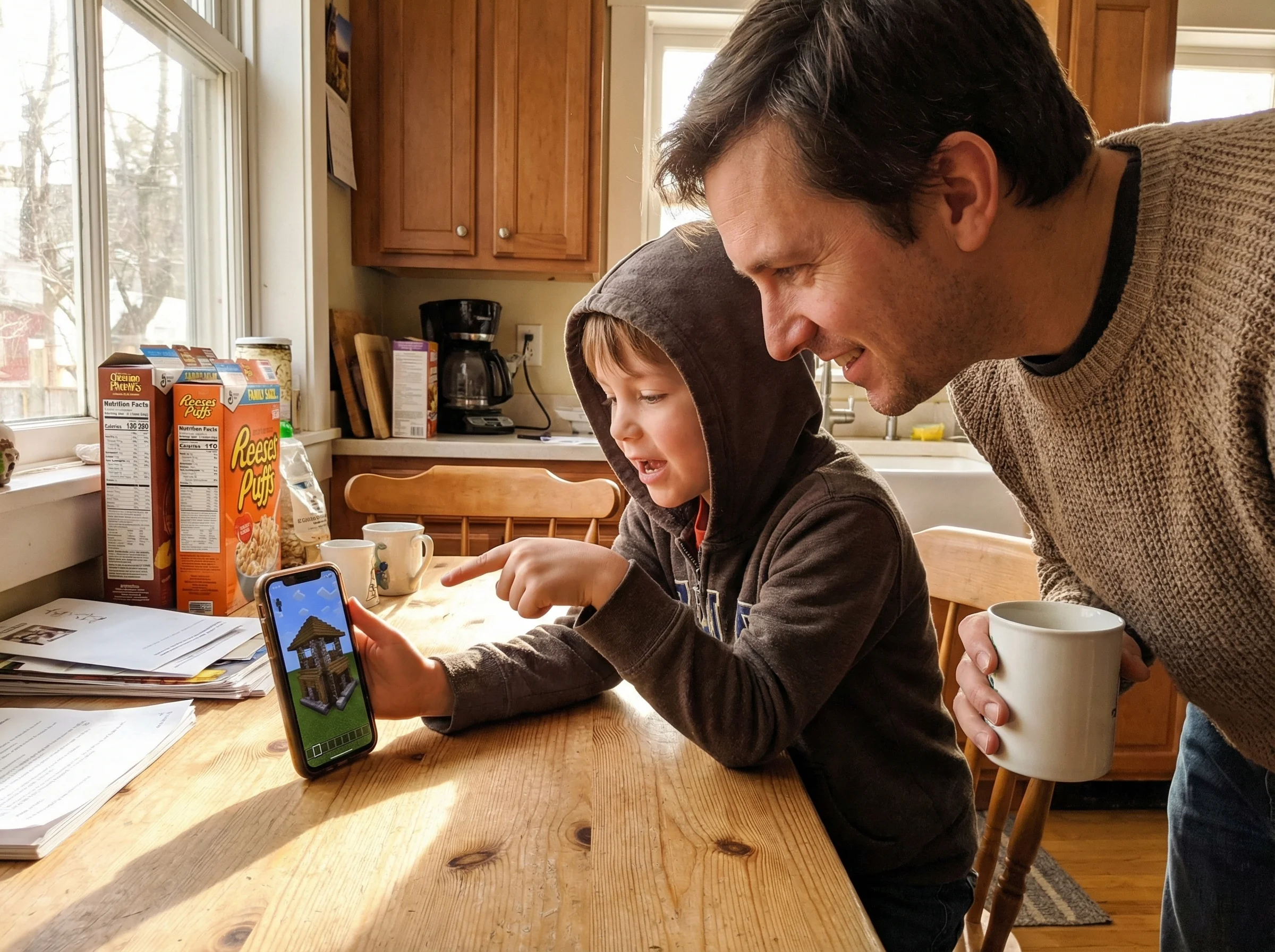Parent and child at kitchen table, the child excitedly gesturing while explaining something on their phone screen showing a M