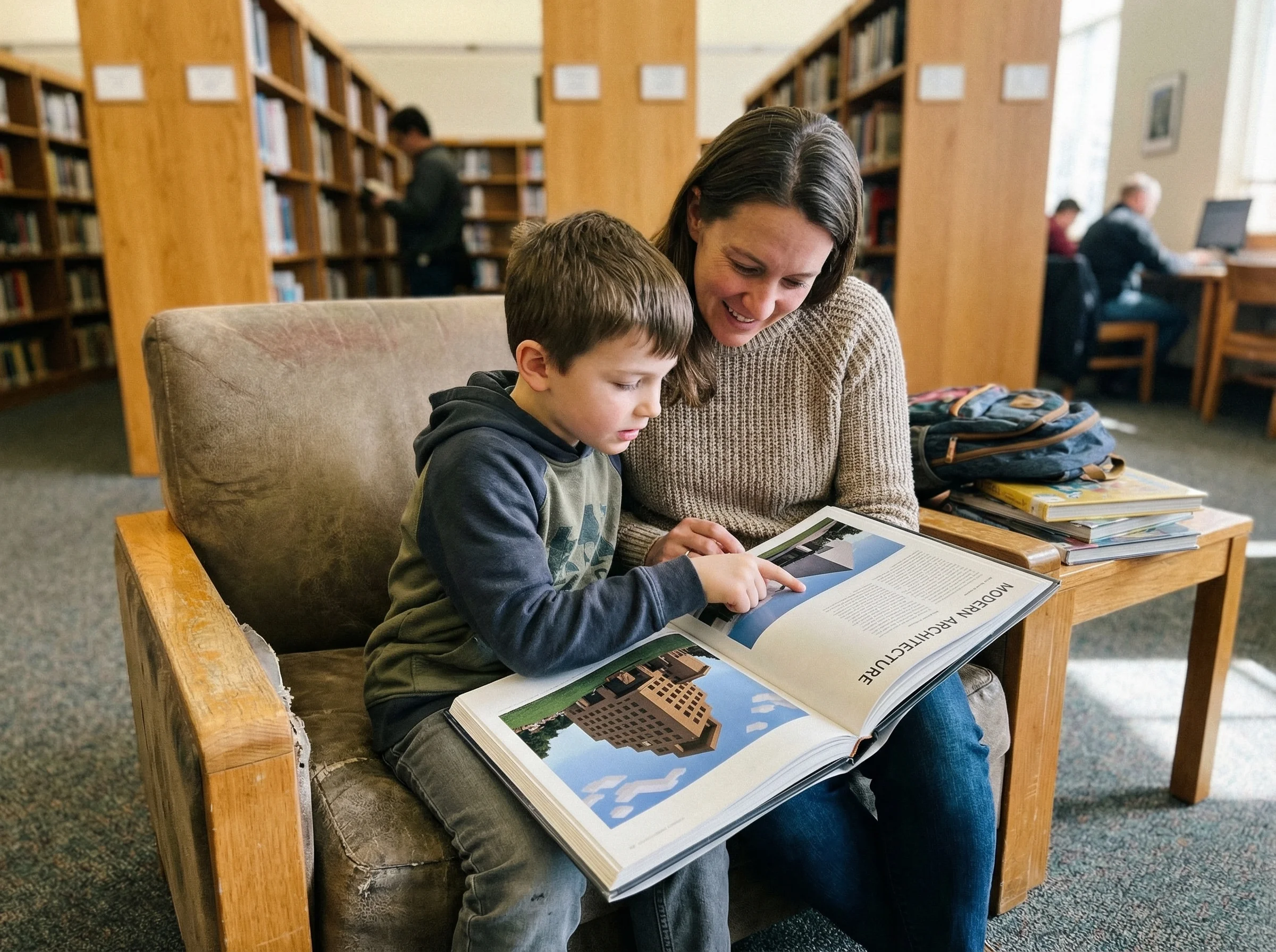 A family at a library, parent and child looking through architecture books together, with the child pointing out building fea