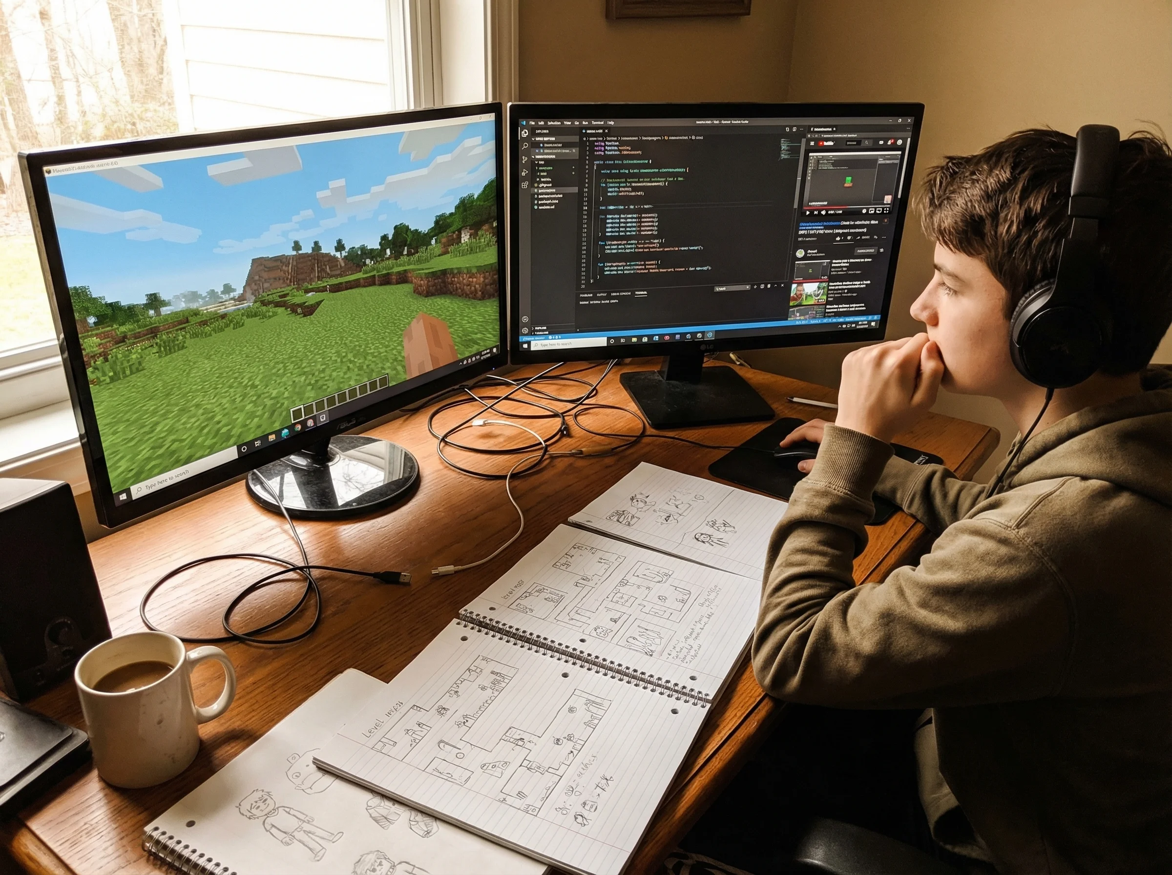 Teen at a desk with dual monitors showing both their sandbox game and a coding tutorial, notebooks with game design sketches