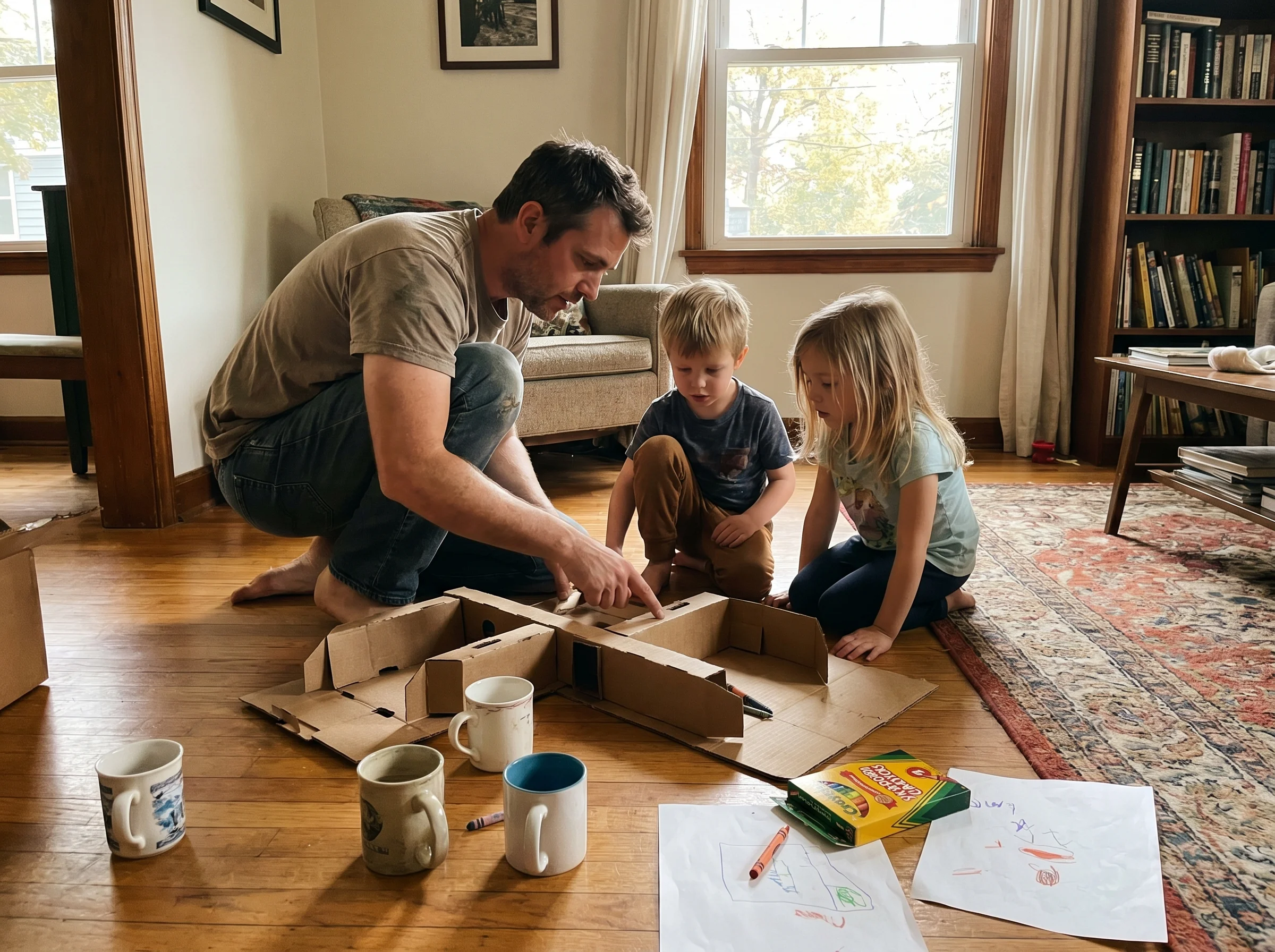 A dad crouching next to two kids on the floor, all three looking at a half-built cardboard contraption, mugs and crayons scat