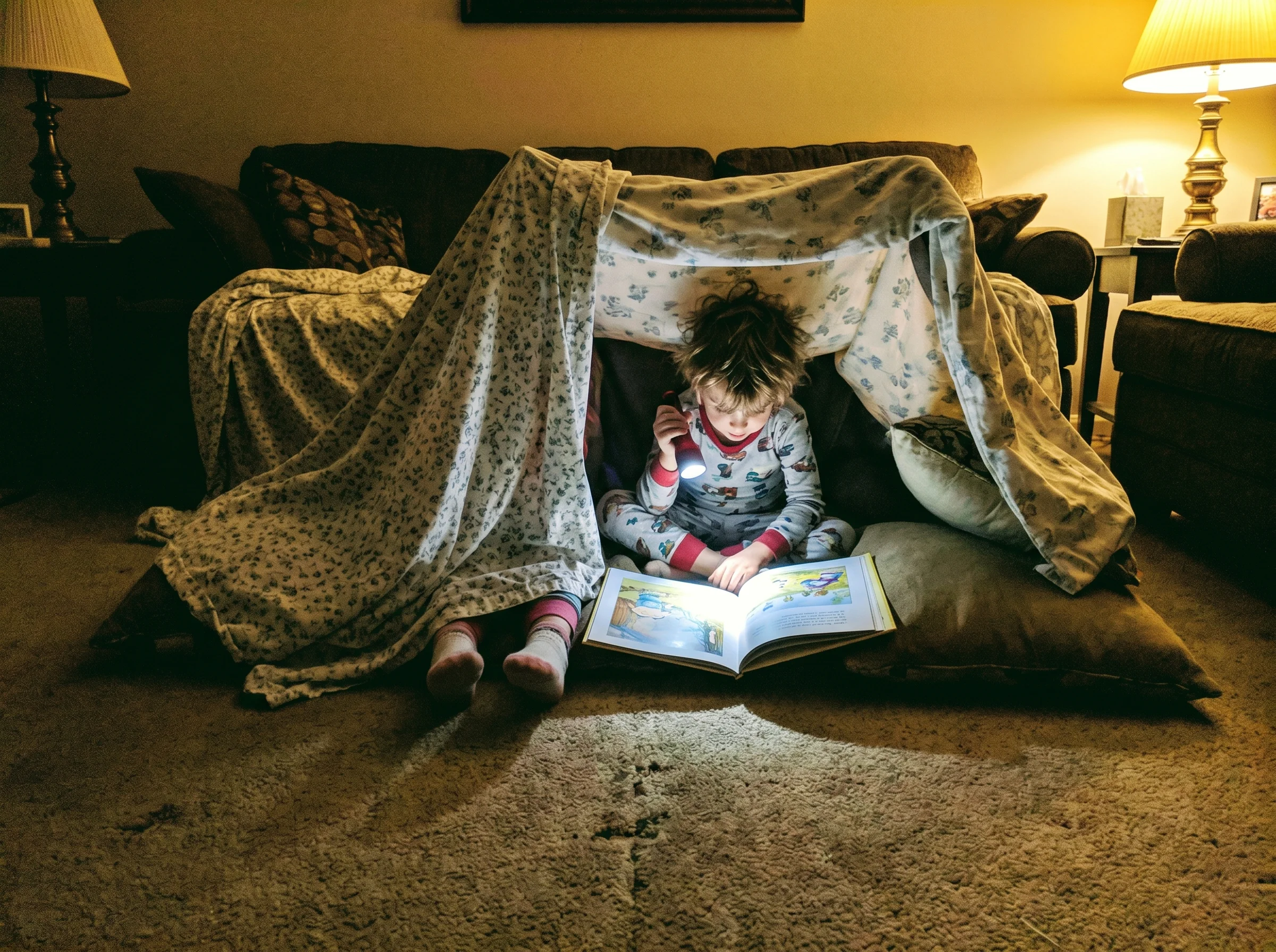 A child inside a blanket fort with a flashlight casting a beam across a book, siblings' feet sticking out the entrance