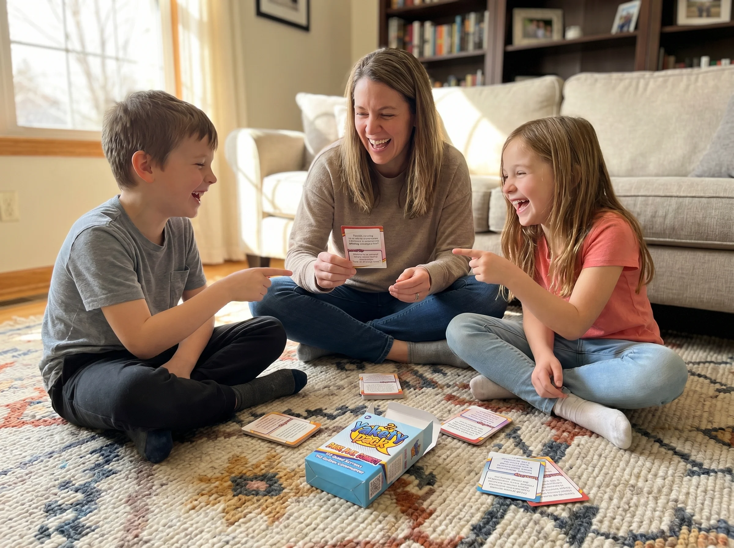 A parent and two kids sitting cross-legged on a rug with a card game spread between them, all three laughing at something