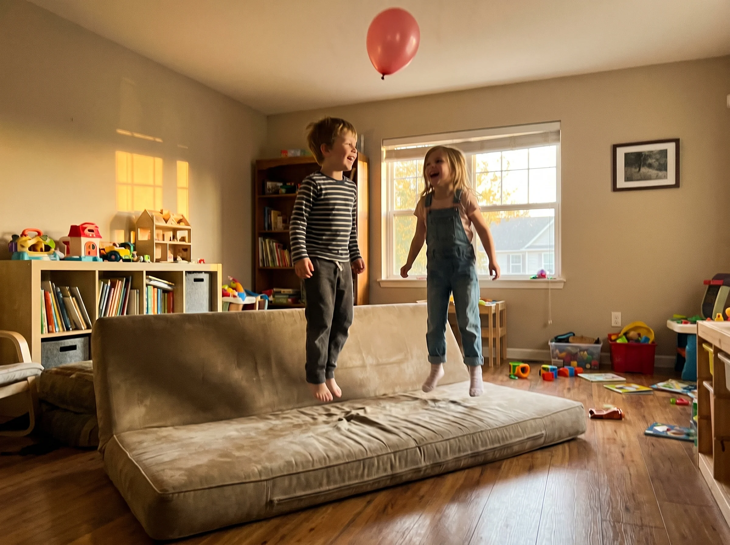 Two kids mid-air on a couch cushion stretched across the living room floor, balloon floating above them