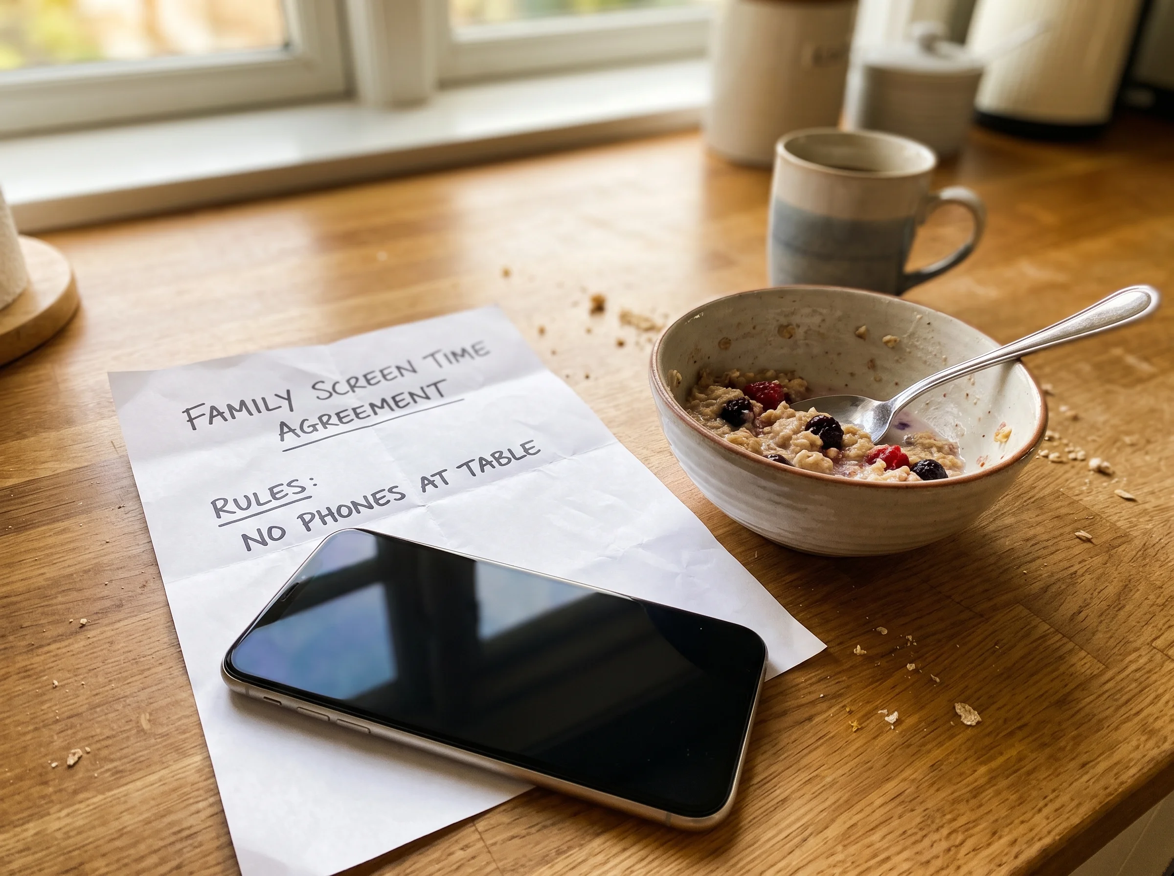 A crumpled printed screen time contract on a kitchen counter next to a phone and a half-eaten bowl of cereal