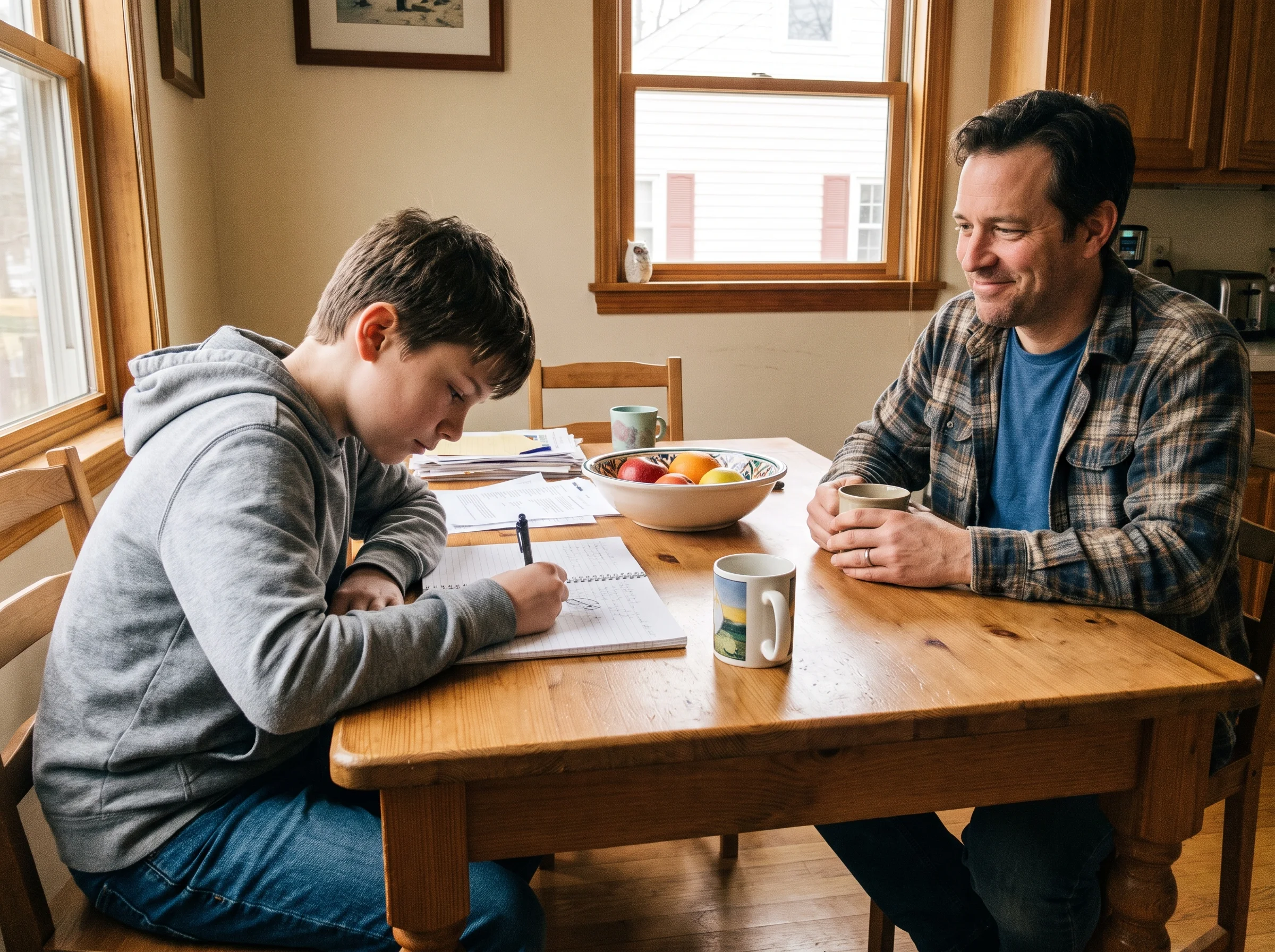 A 12-year-old boy hunched over a piece of paper writing intently, his dad sitting across the table watching with a small smil