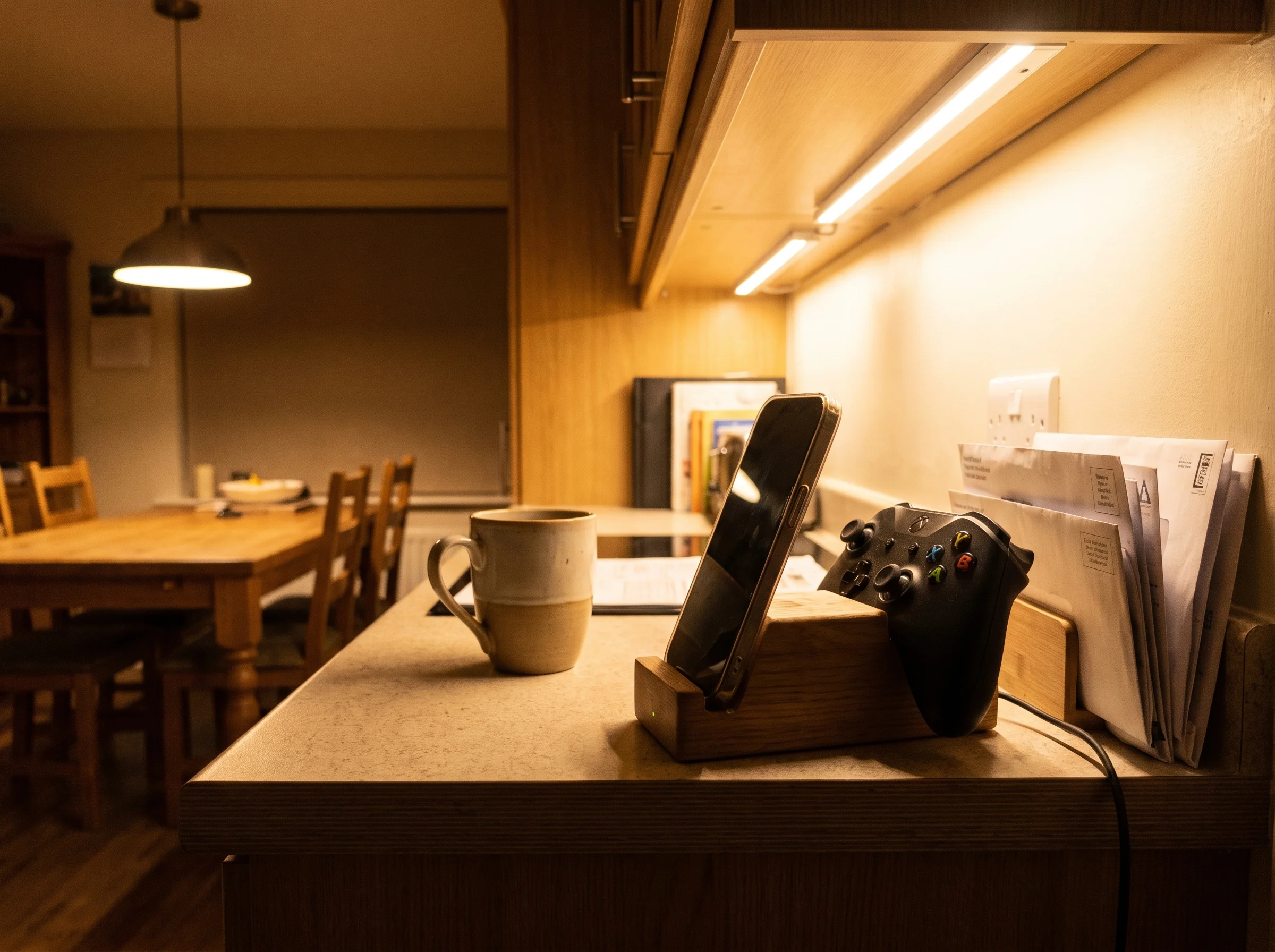 A phone and gaming controller resting on a charging dock in a family kitchen at night, warm under-cabinet lighting