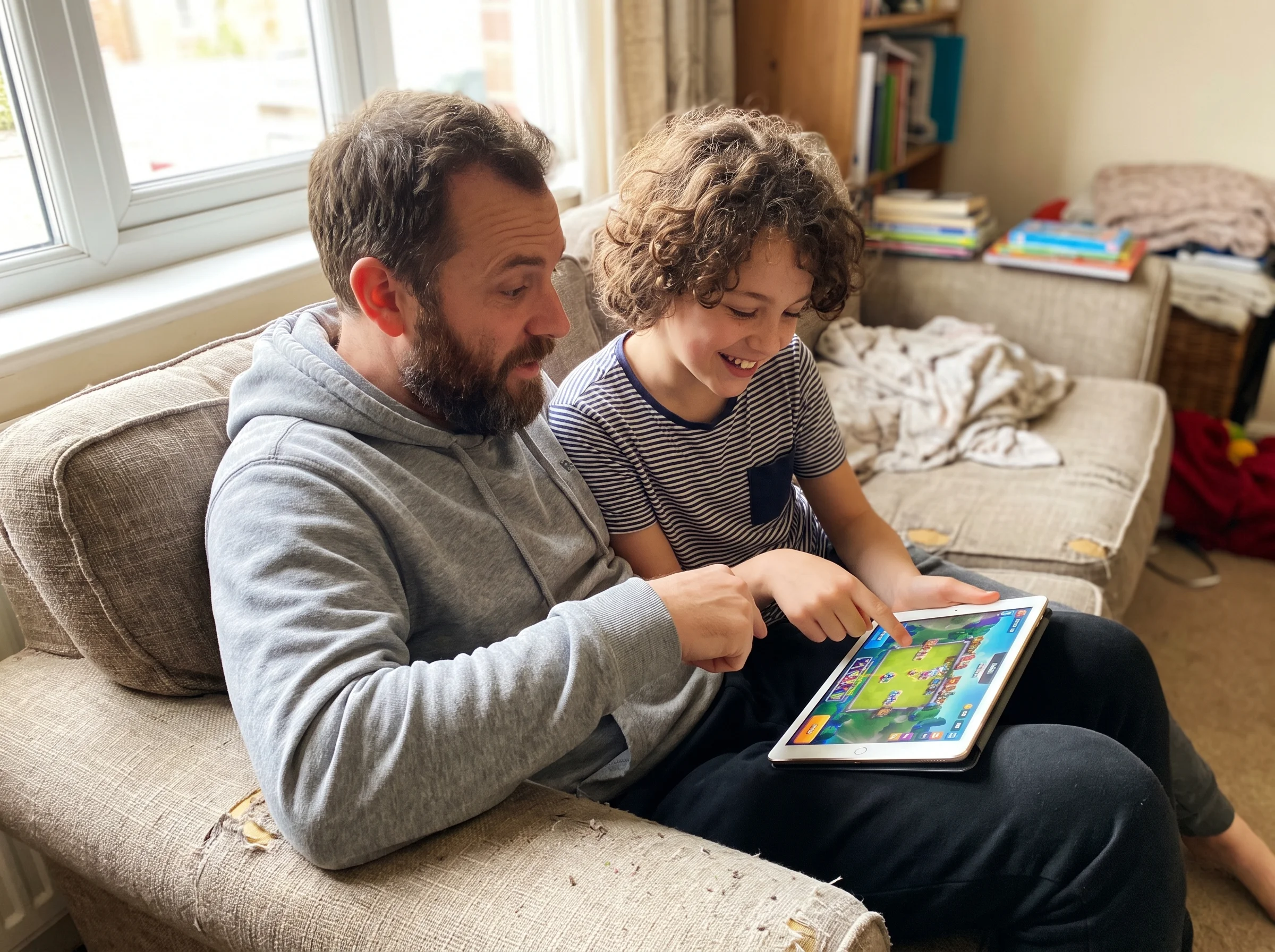 A parent and 12-year-old sitting side by side on the couch, both looking at a game on a tablet, the parent asking a question 