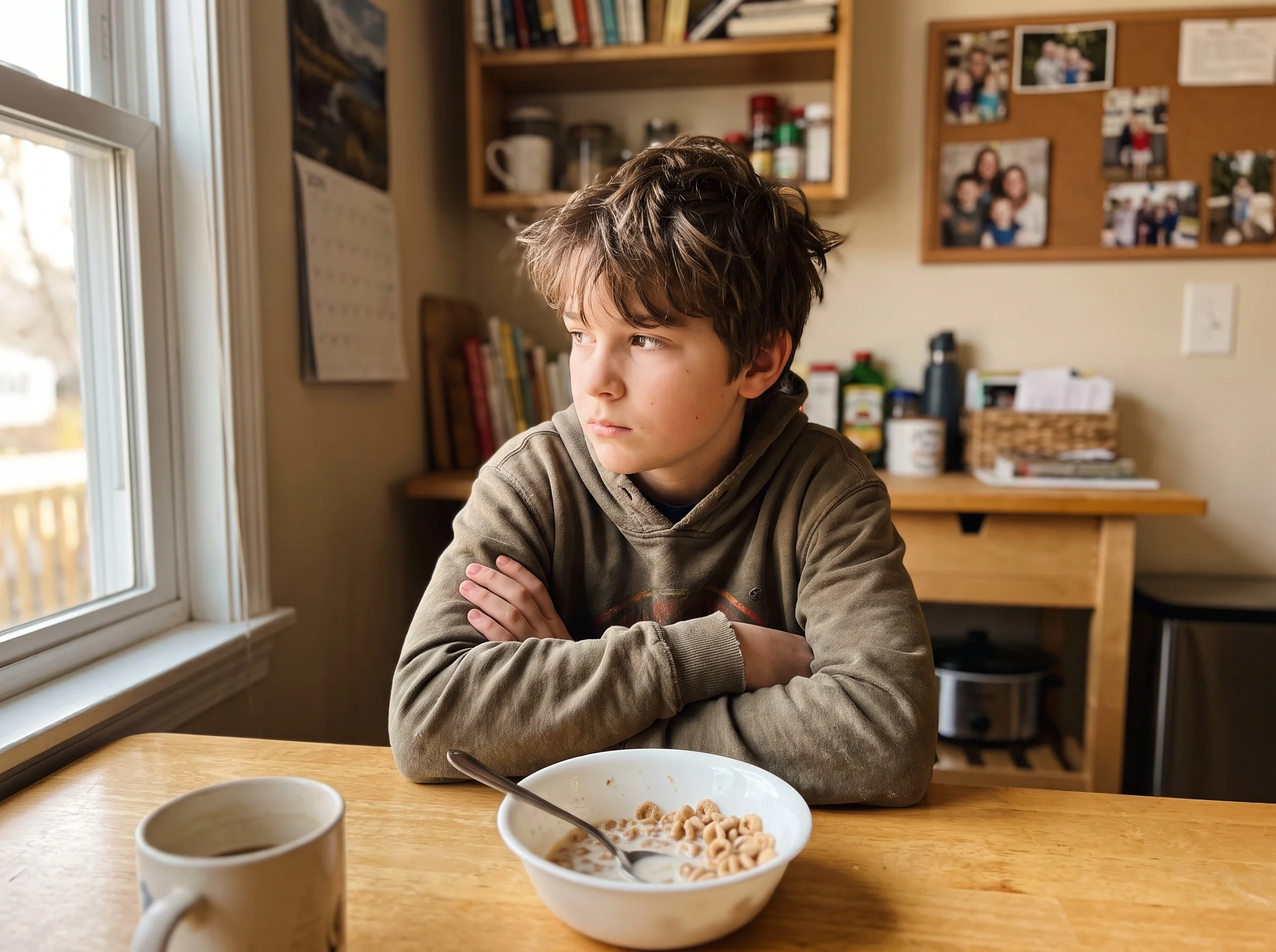 Tween boy with arms crossed sitting at a kitchen table looking away, closed body language, natural window light, honest candi
