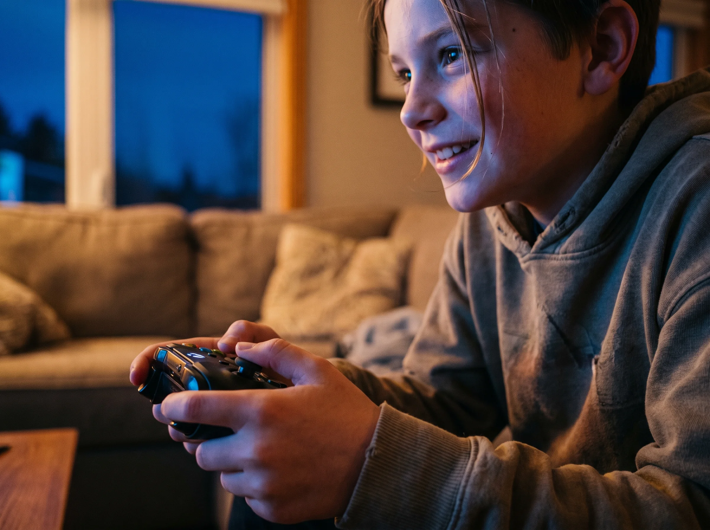 Close-up of a tween's hands on a gaming controller, screen glow reflecting on their face, focused and happy expression, eveni