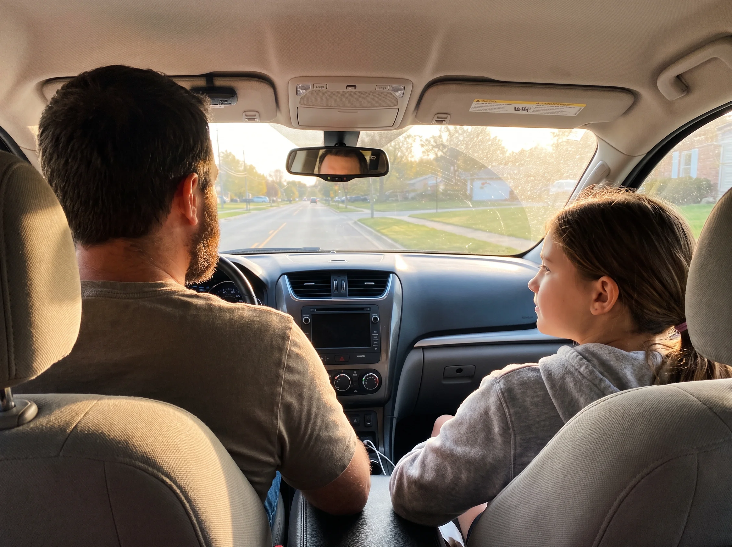 Dad and tween in the front seats of a car, both looking forward at the road, casual conversation happening, afternoon light t