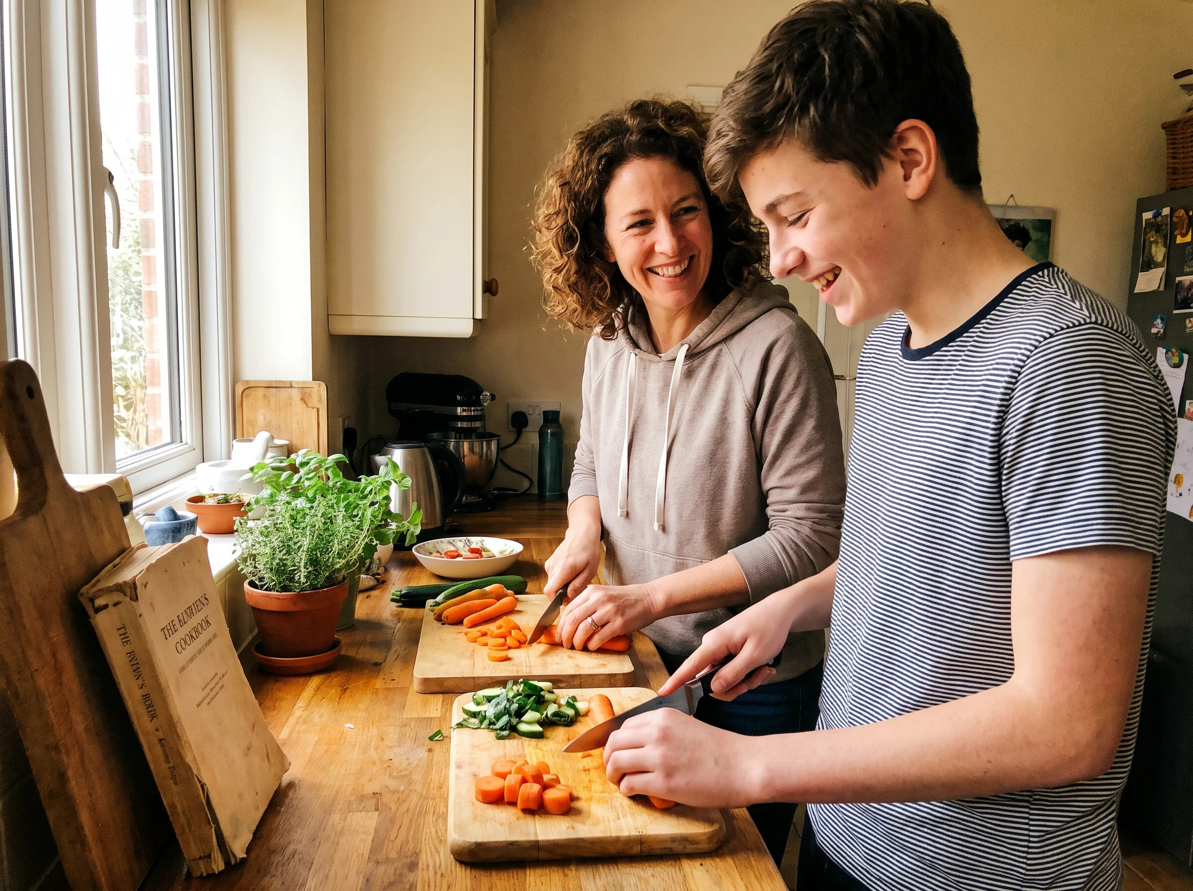 Parent and tween chopping vegetables together at a kitchen counter, side by side, relaxed and chatting, natural warm kitchen 