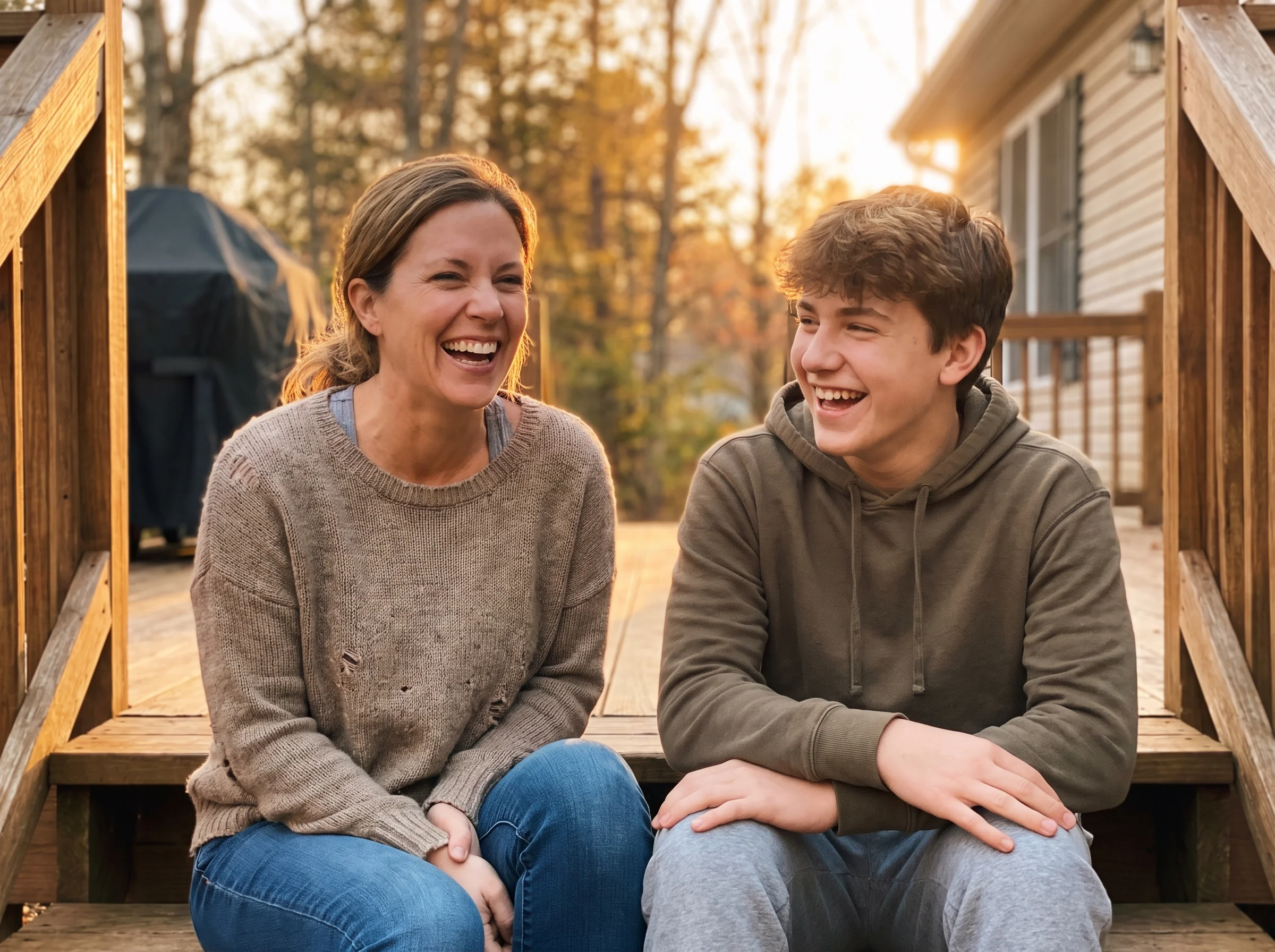 Tween and parent laughing together on a back porch or steps, no phones in sight, genuine unposed moment, golden hour lighting
