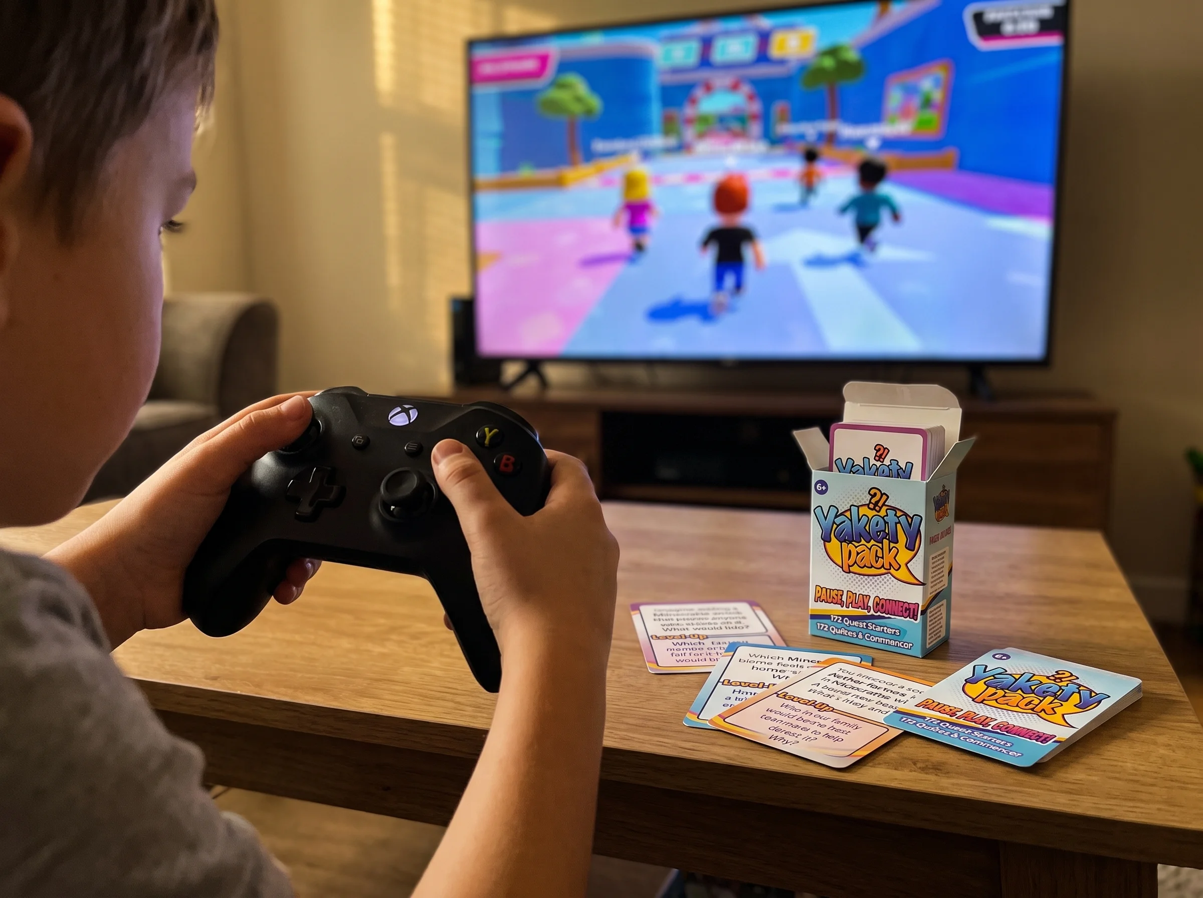 Close-up of a kid's hands on a game controller with a blurry TV screen showing a multiplayer game in the background, natural 