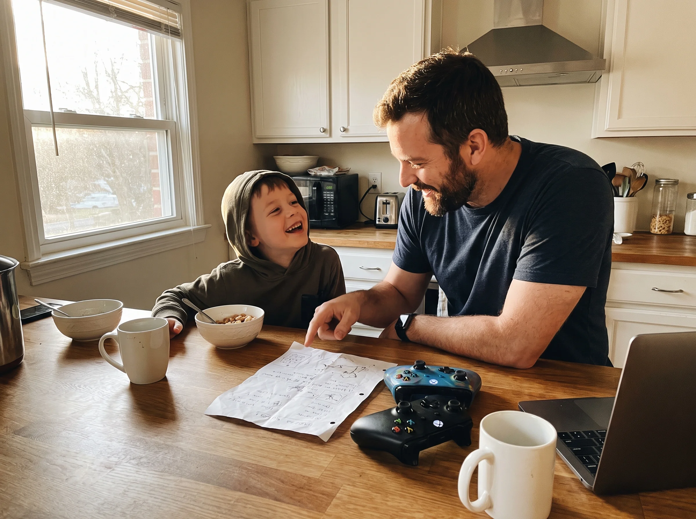 A dad and son sitting at a kitchen counter with a piece of paper between them, talking before gaming, morning light through t