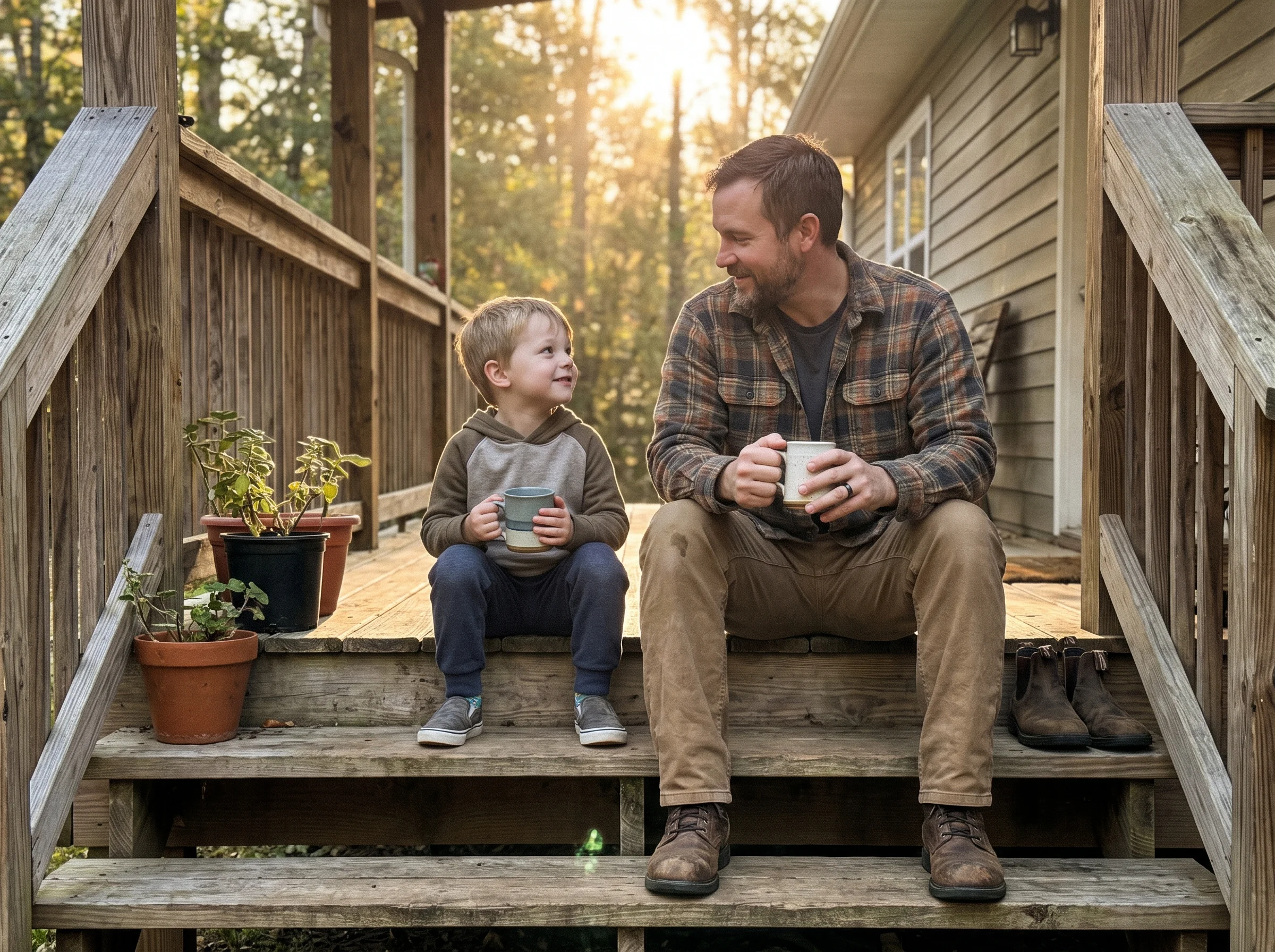 A dad and son sitting on porch steps talking in the morning, coffee mug in hand, quiet honest moment, natural light