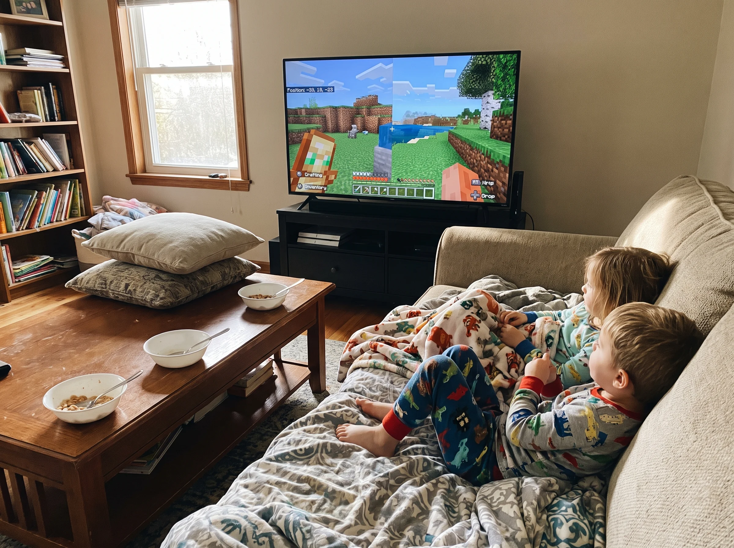 Two kids in pajamas on a Saturday morning building together in Minecraft on a TV, blankets, cereal bowls nearby, cozy and nat