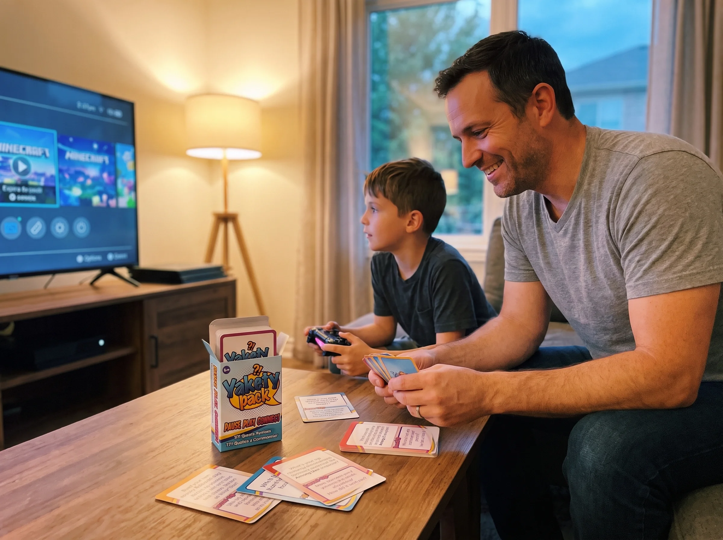 A dad watching over his son's shoulder as he plays on a console, dad smiling, casual and relaxed, warm evening tones