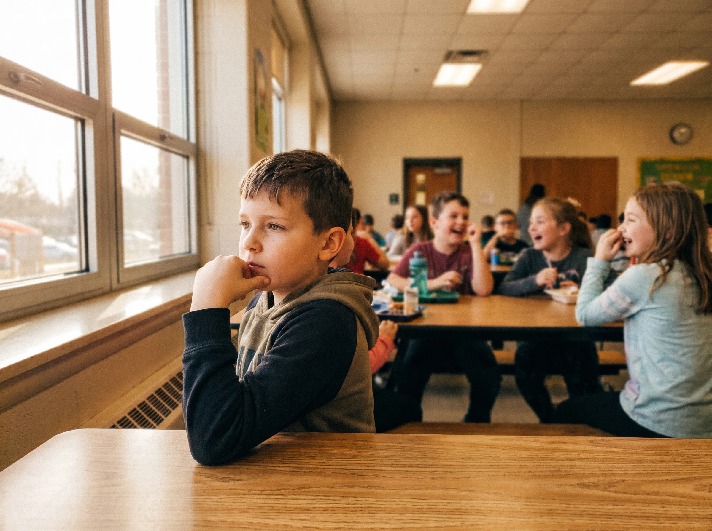 A boy at a school cafeteria table looking thoughtful while other kids in the background laugh and talk, soft natural light th