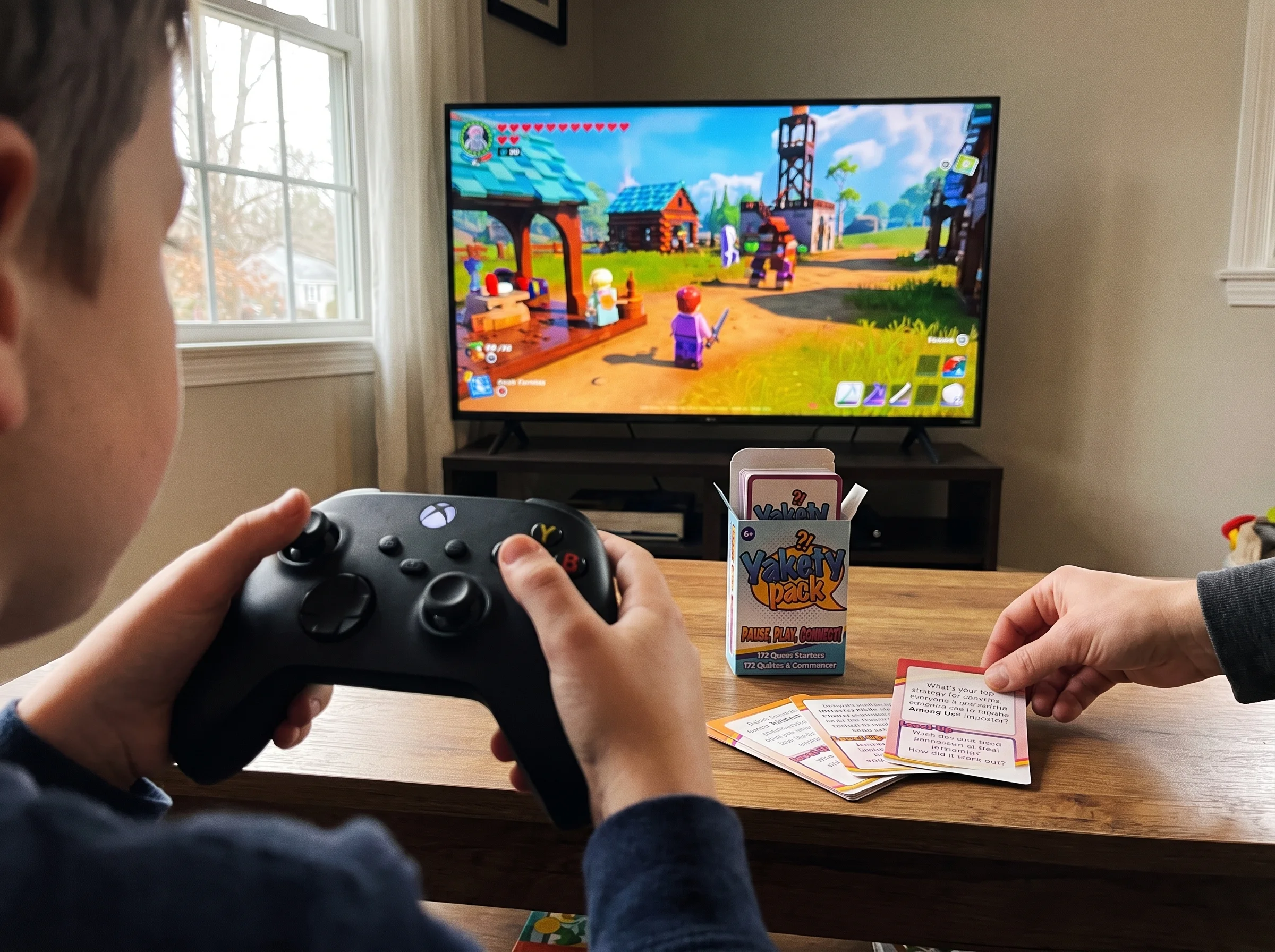 A close-up of a TV screen showing colorful LEGO Fortnite gameplay, with a kid's hands holding a controller in the foreground,