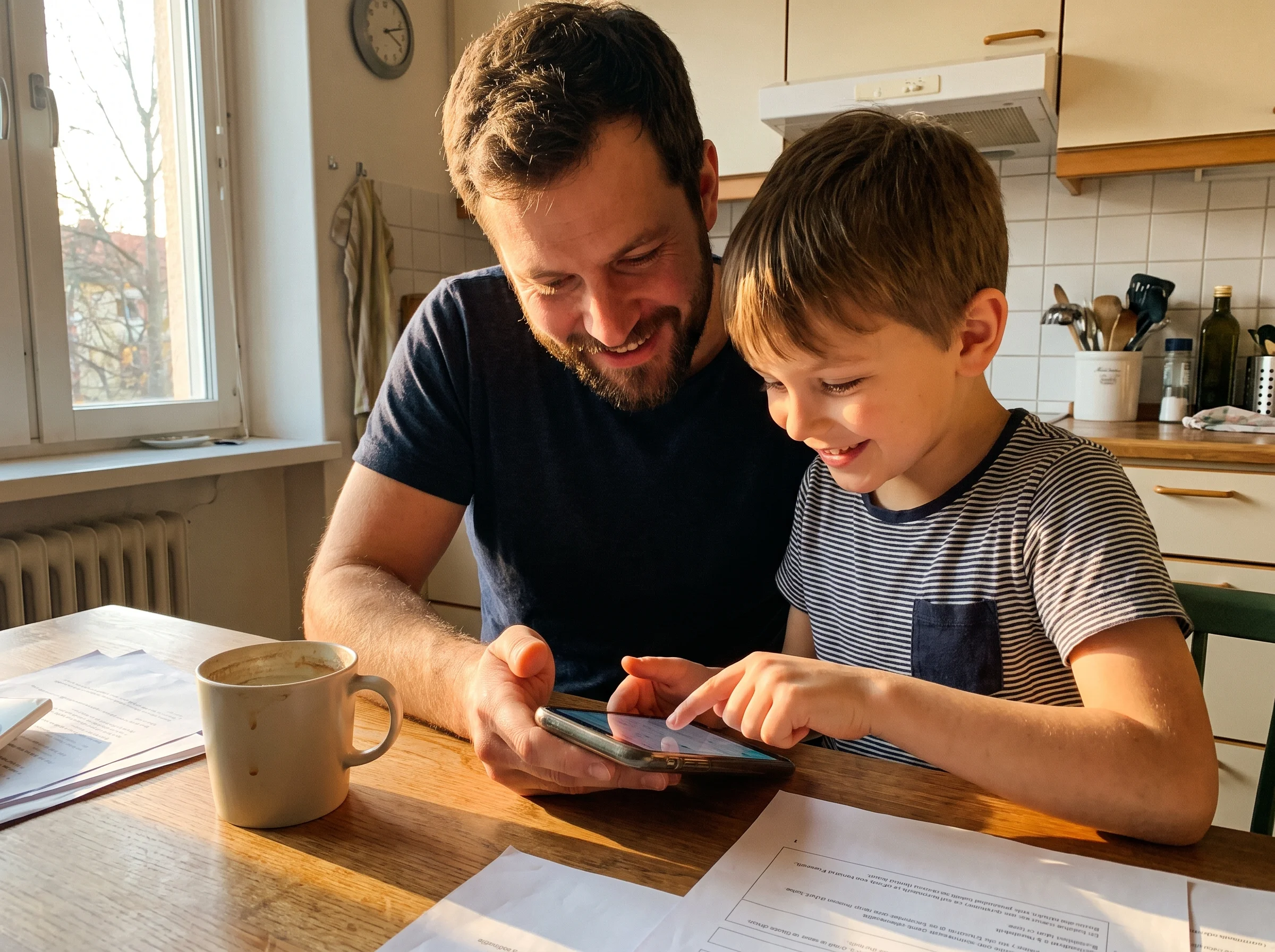 A parent and son at the kitchen table looking at a phone together, the son pointing at something on the screen, both engaged,