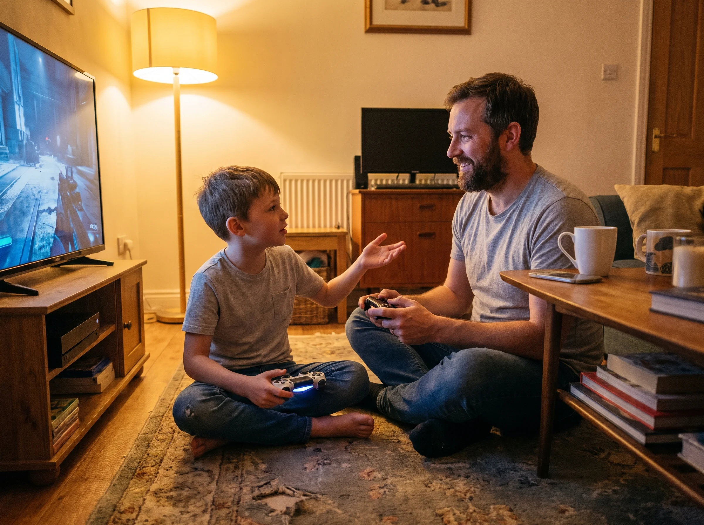 A father and son sitting on the floor in front of a TV, both holding controllers, the son leaning slightly toward his dad exp