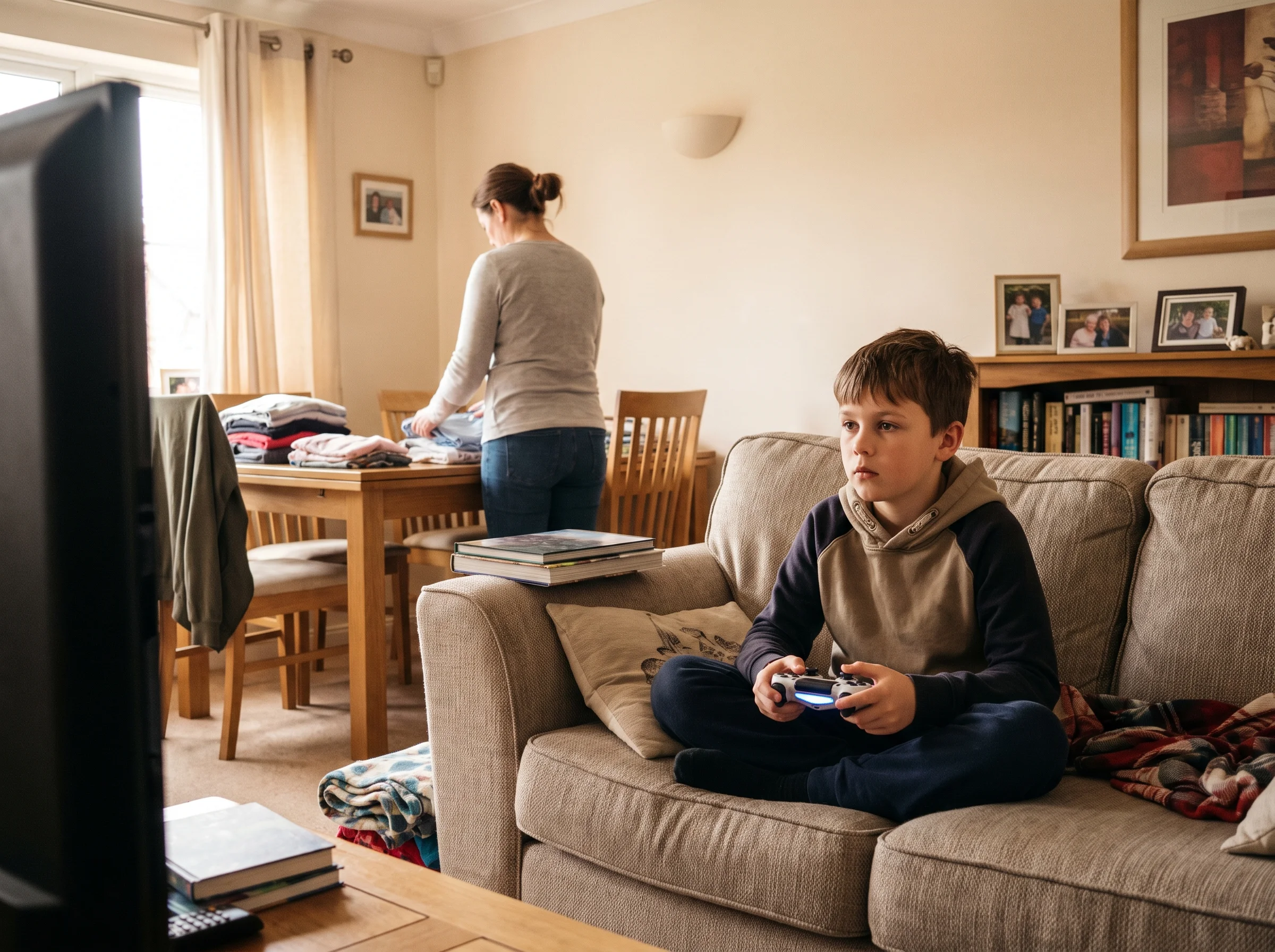 A boy sitting on a couch with a controller in his lap, looking calm and focused on the screen, a parent visible in the backgr