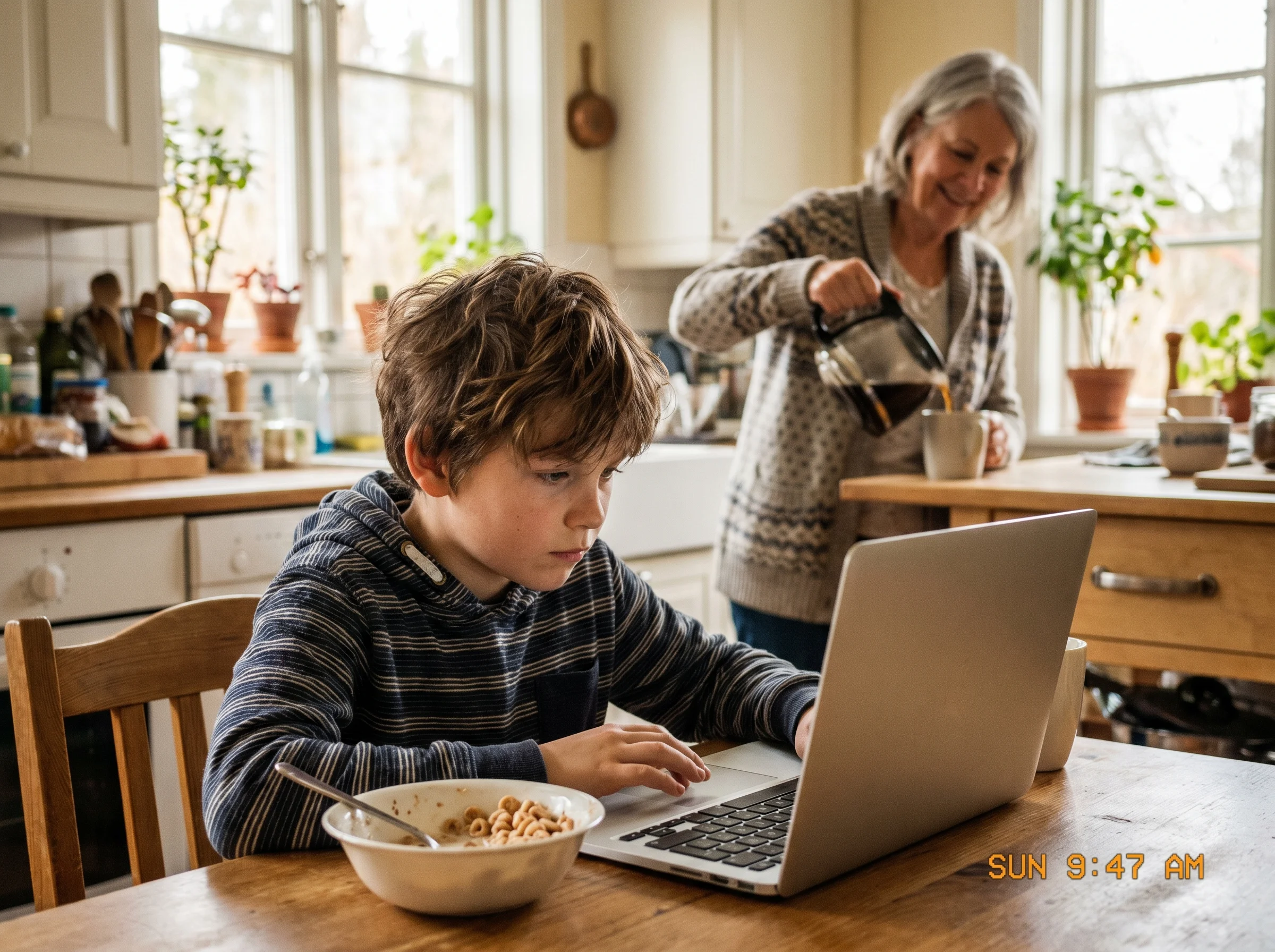 Young boy around 9 years old sitting at a kitchen table on a laptop, grandmother in the background pouring coffee, casual Sun