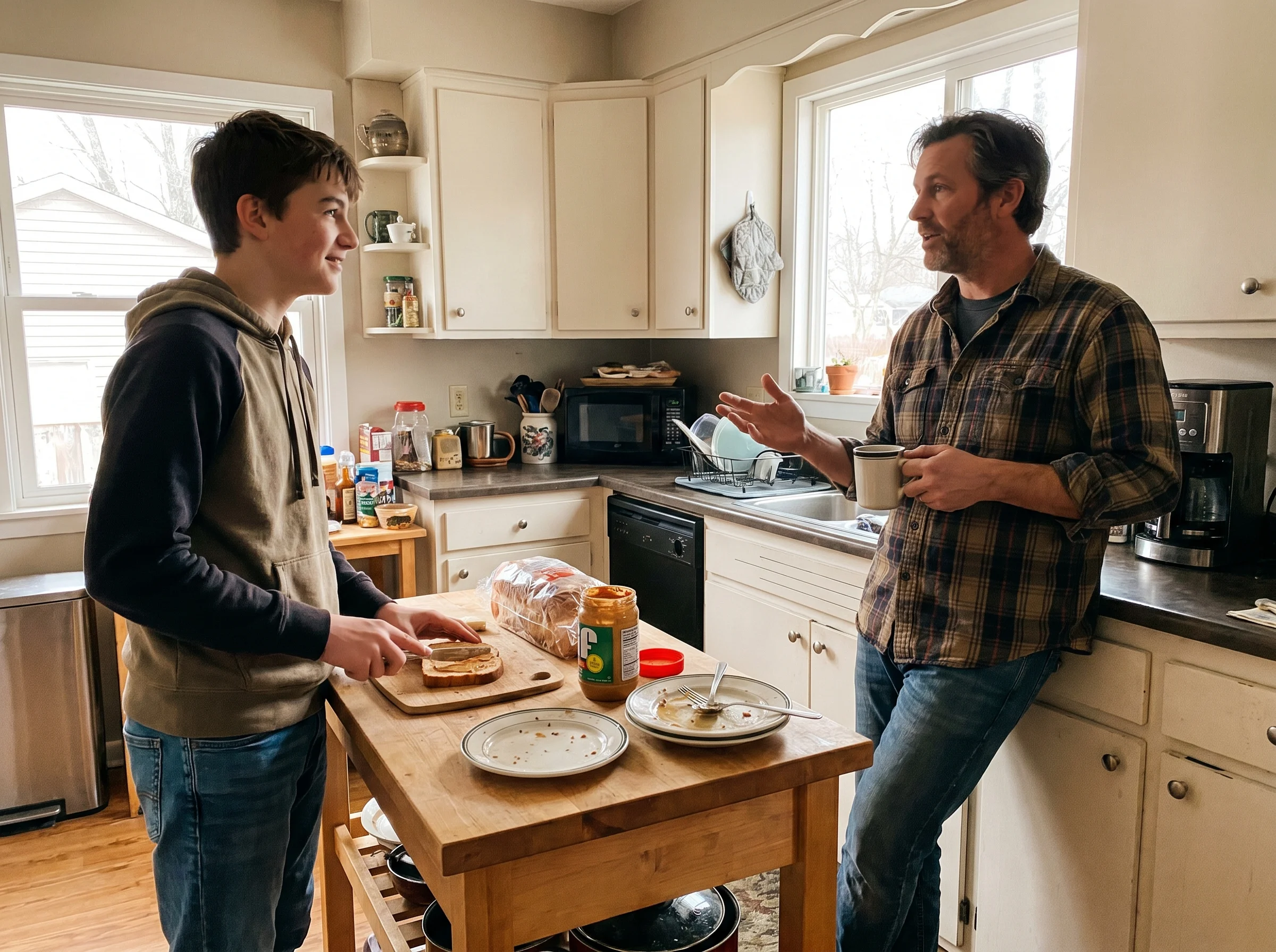 Teenage boy and his dad standing in a kitchen, dad asking a question while teen makes a sandwich, easy body language, no phon