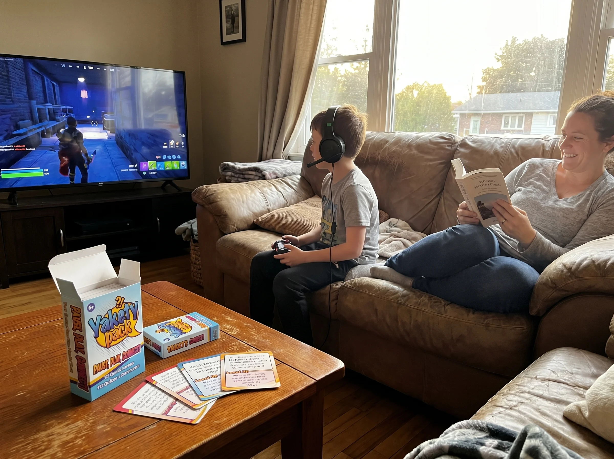 Kid playing console game on the living room TV with a headset on, parent reading a book on the same couch, both comfortable i