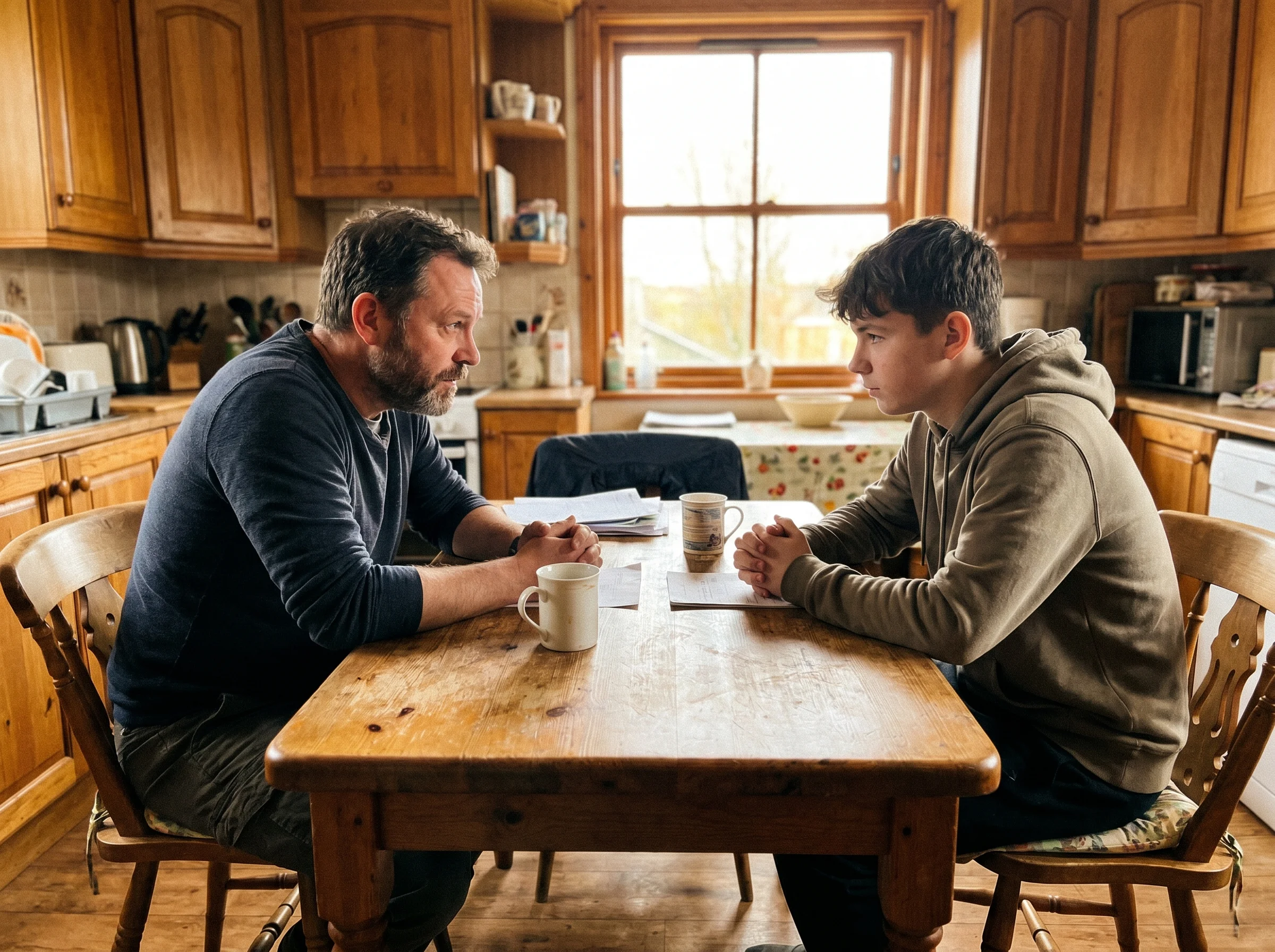 Dad and son sitting at a kitchen table having a serious but calm conversation, both leaning in, no devices visible