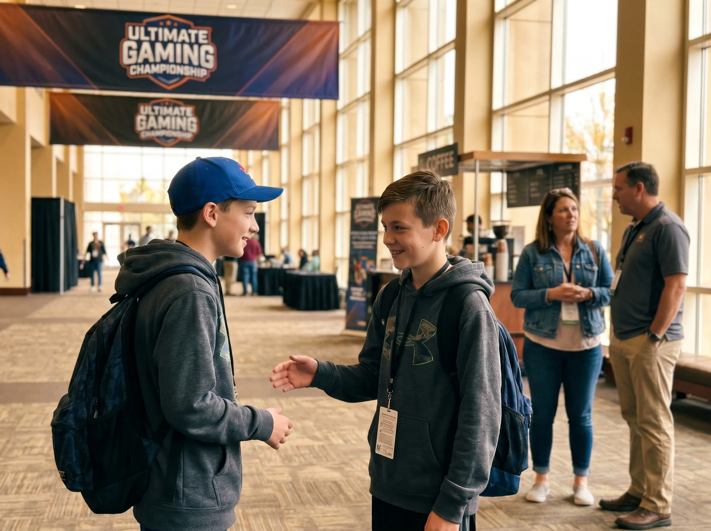 Two preteen boys meeting at a gaming tournament venue, parents standing nearby chatting, kids smiling and slightly awkward