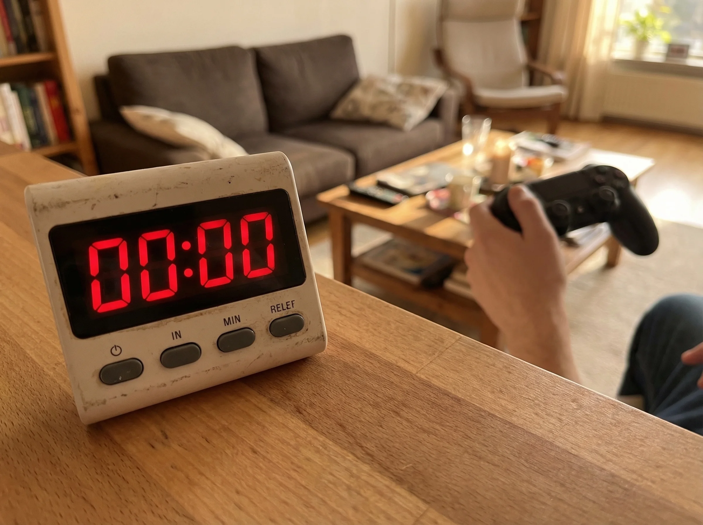 Close-up of a kitchen timer showing 00:00 with a game controller blurred in the background, capturing that dreaded moment whe