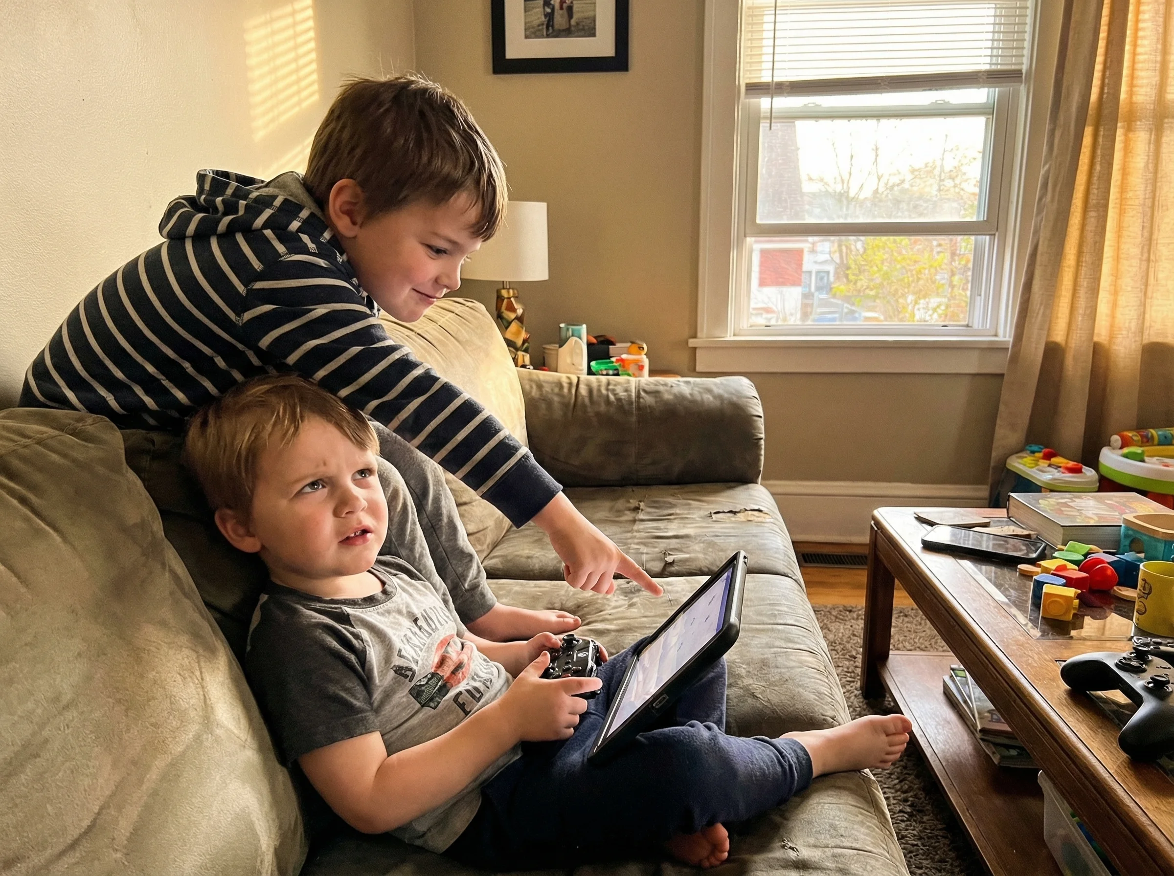 One child leaning over the shoulder of another who's playing, pointing at the screen with a know-it-all expression while the