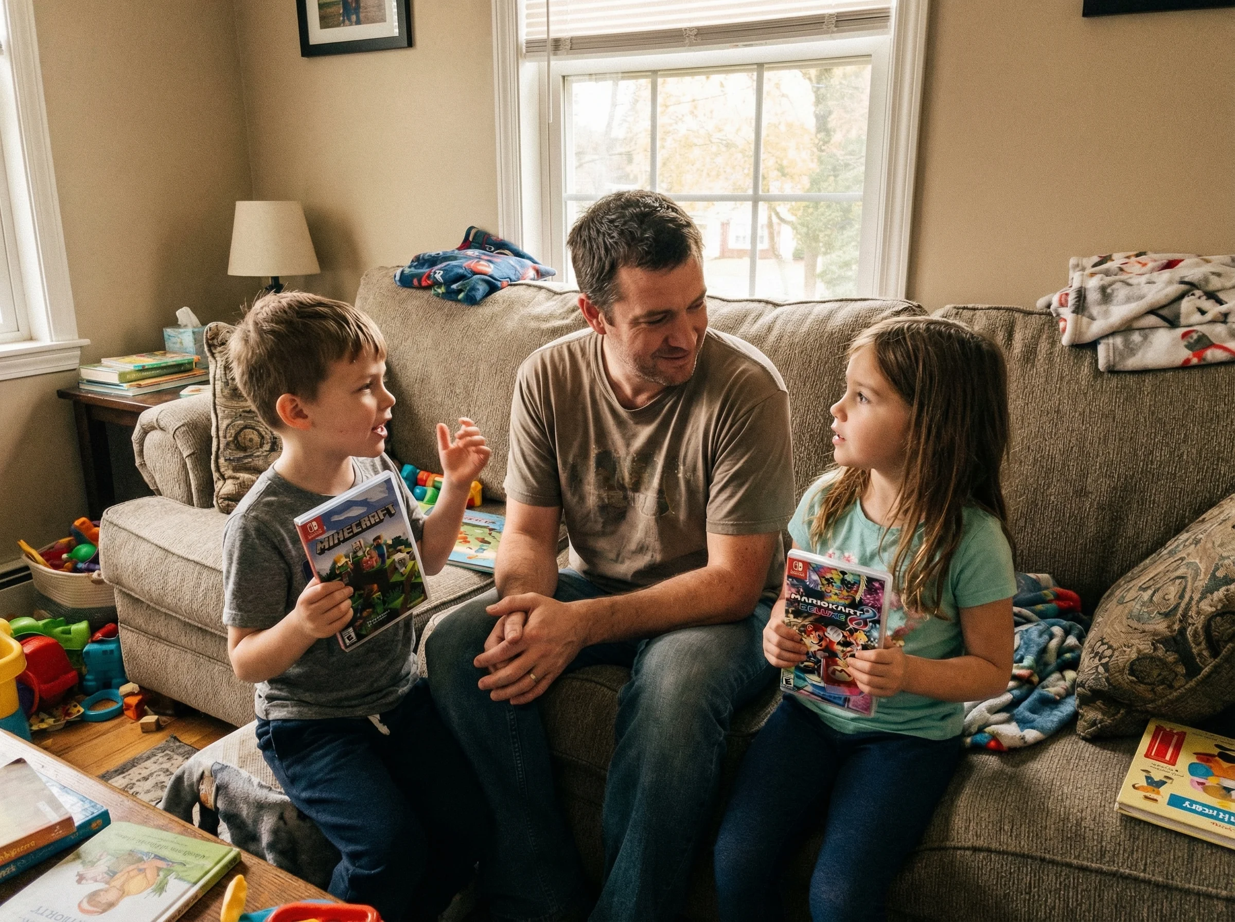Dad sitting between two kids on a couch, each child holding their favorite game case and explaining it while dad listens inte