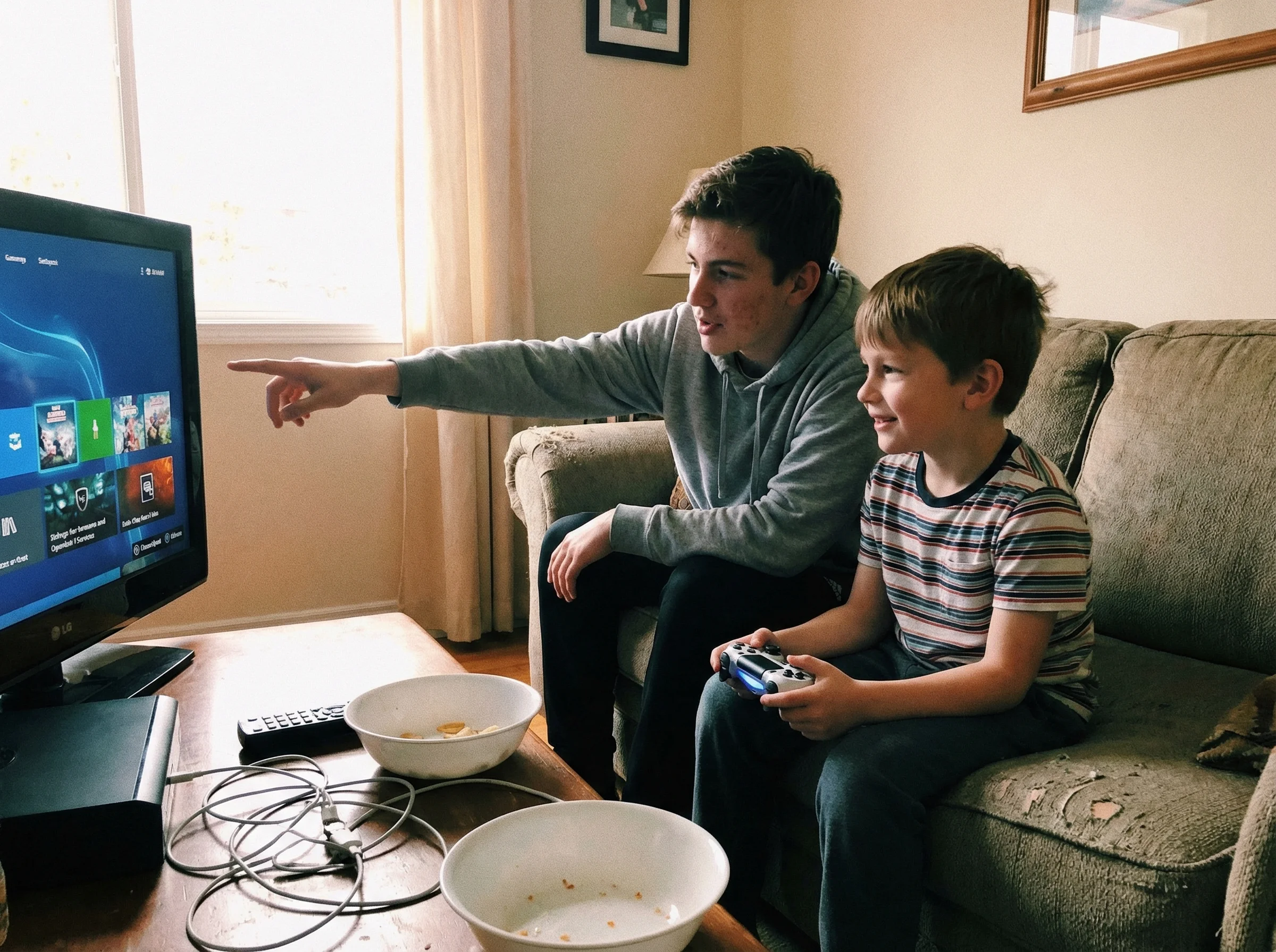Two brothers sitting side by side, older one pointing at the screen explaining something while younger one holds controller a