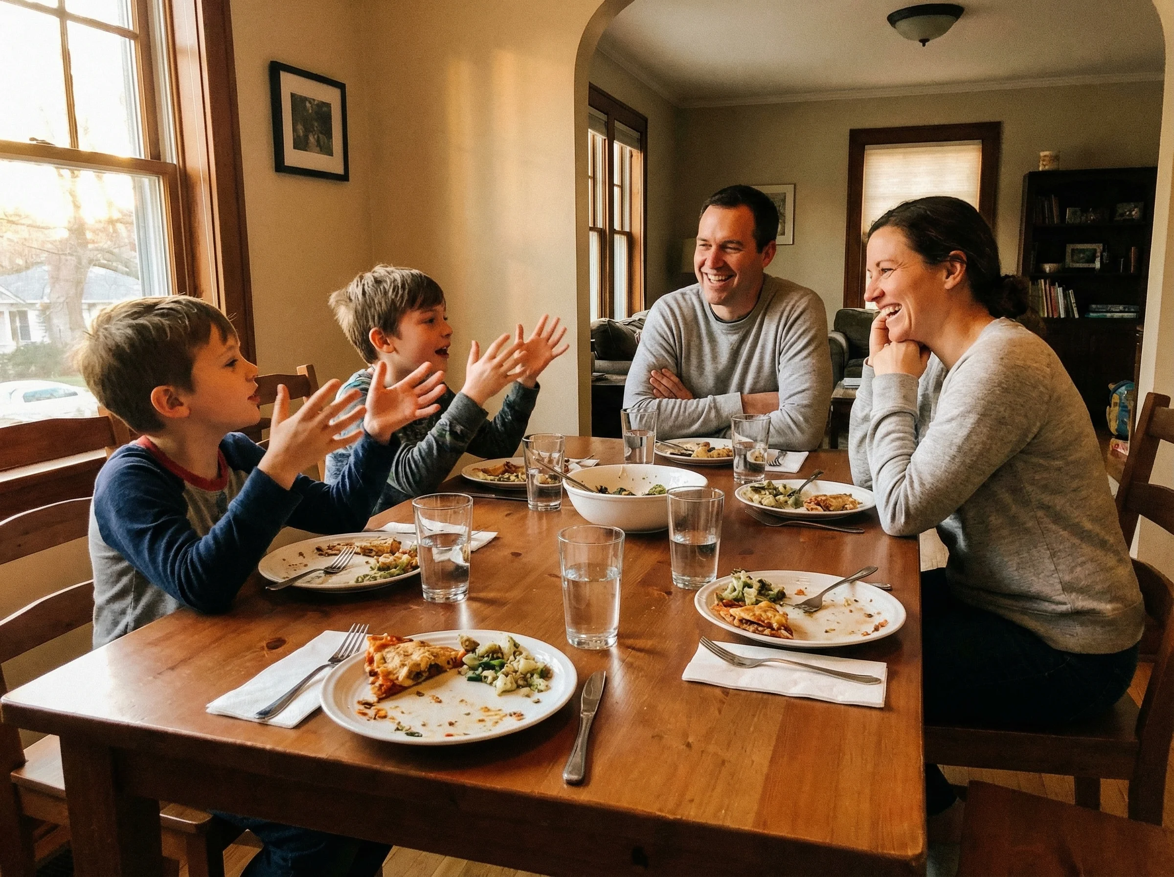 Family sitting around dinner table, kids animatedly talking while using hand gestures to describe game moments, parents liste