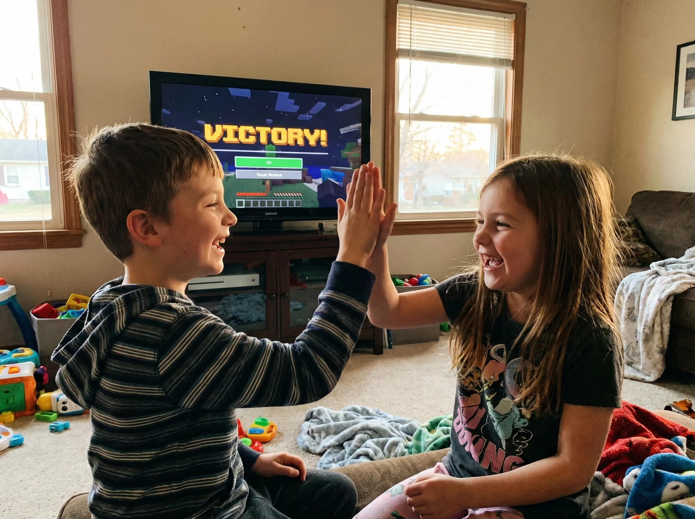 Two kids high-fiving in front of TV showing a "Victory" screen, genuine joy on both faces even though only one was playing