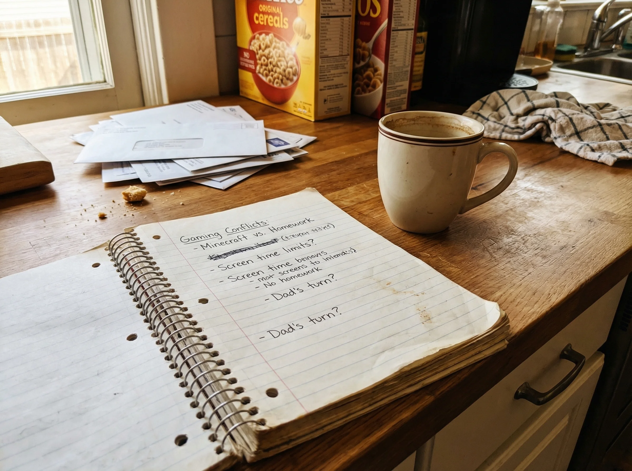 A dad's notebook open on the kitchen counter with handwritten notes about gaming conflicts, coffee mug nearby, slightly messy