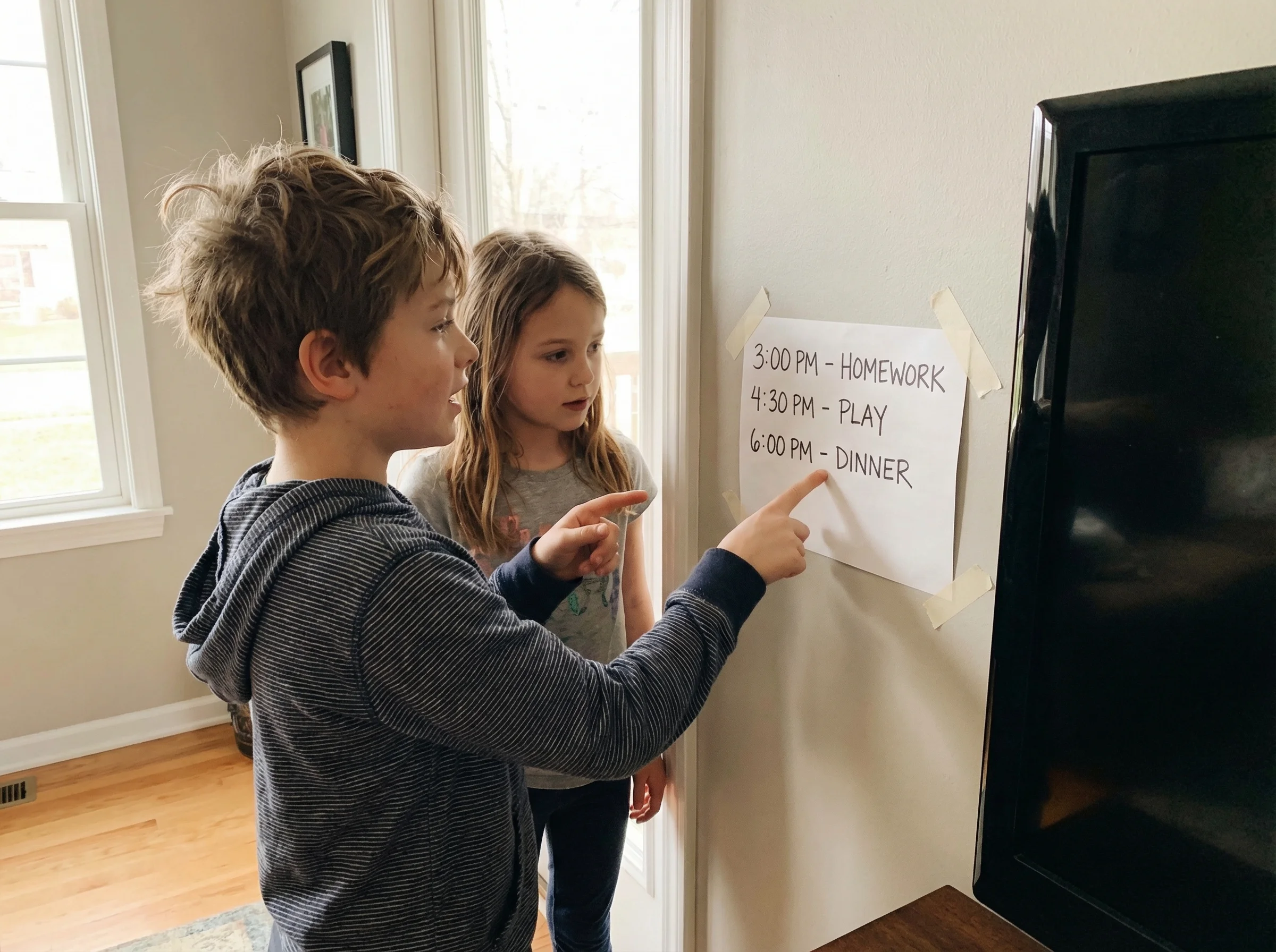 Two kids looking at a handwritten schedule taped to the wall near the TV, one pointing at specific time slots while explainin