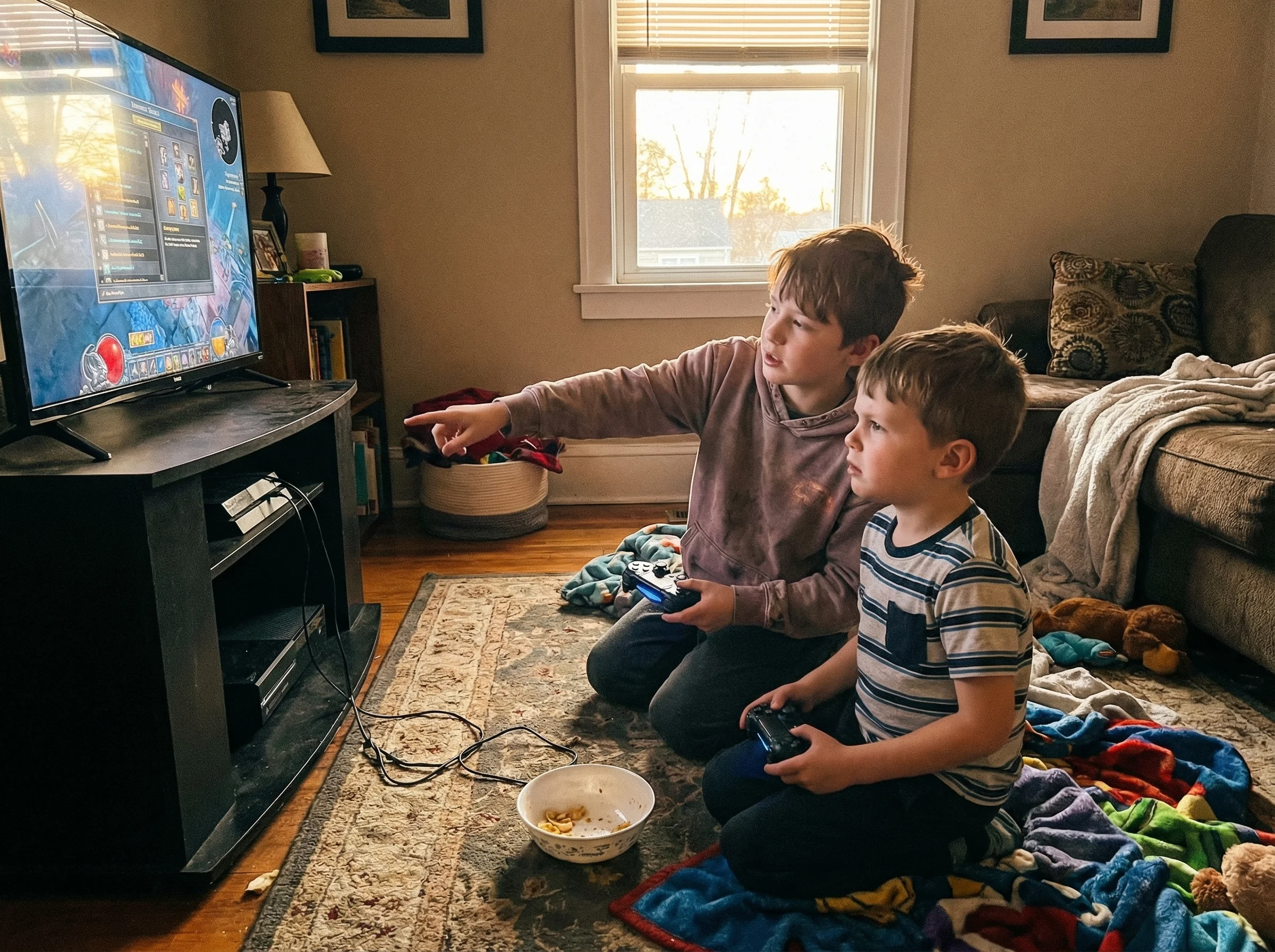 Two brothers sitting together on the floor in front of the TV, one helping the other with a difficult game level, both focuse
