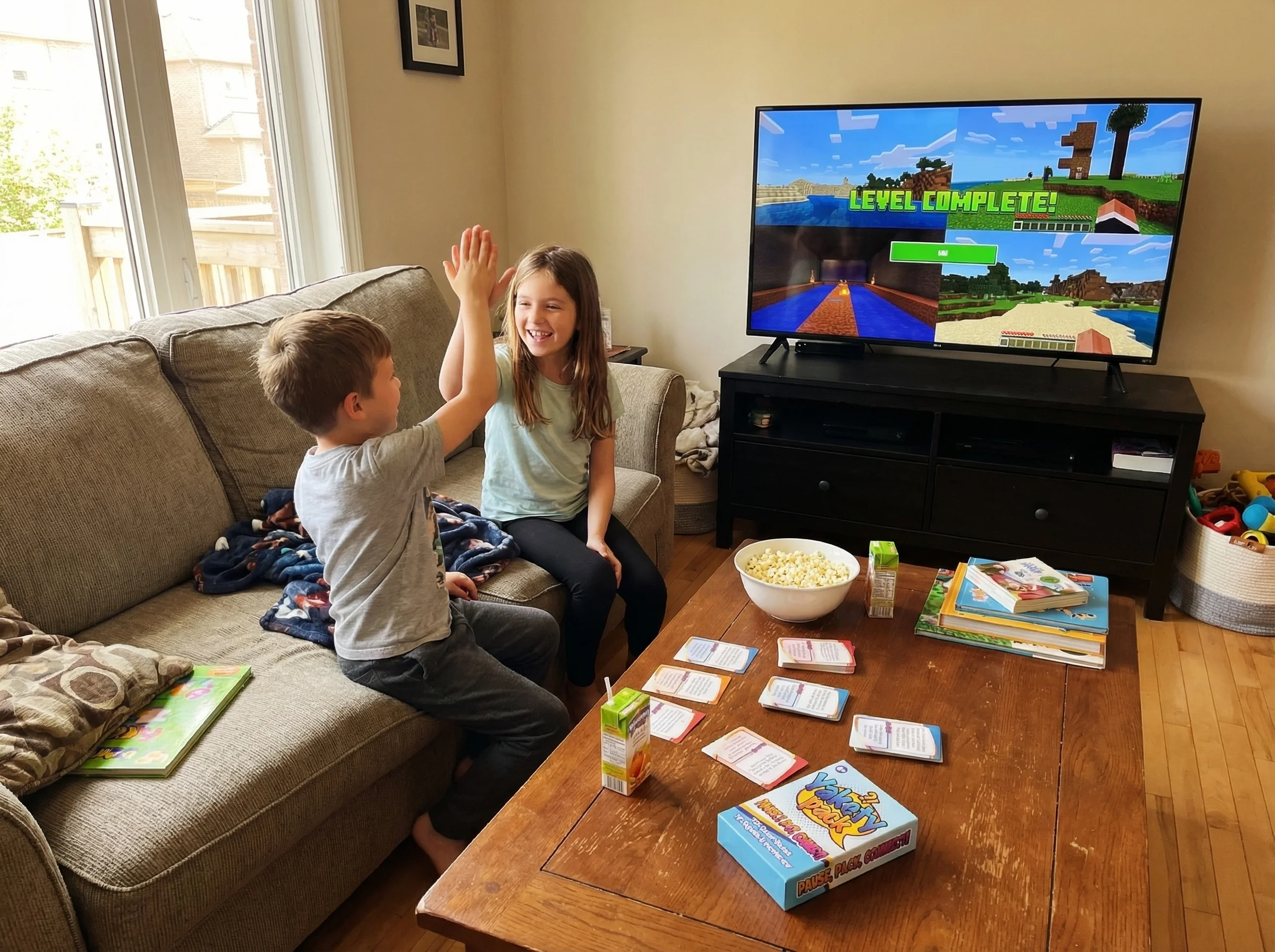 Wide shot of two kids playing split-screen on the couch, high-fiving after completing something together in the game