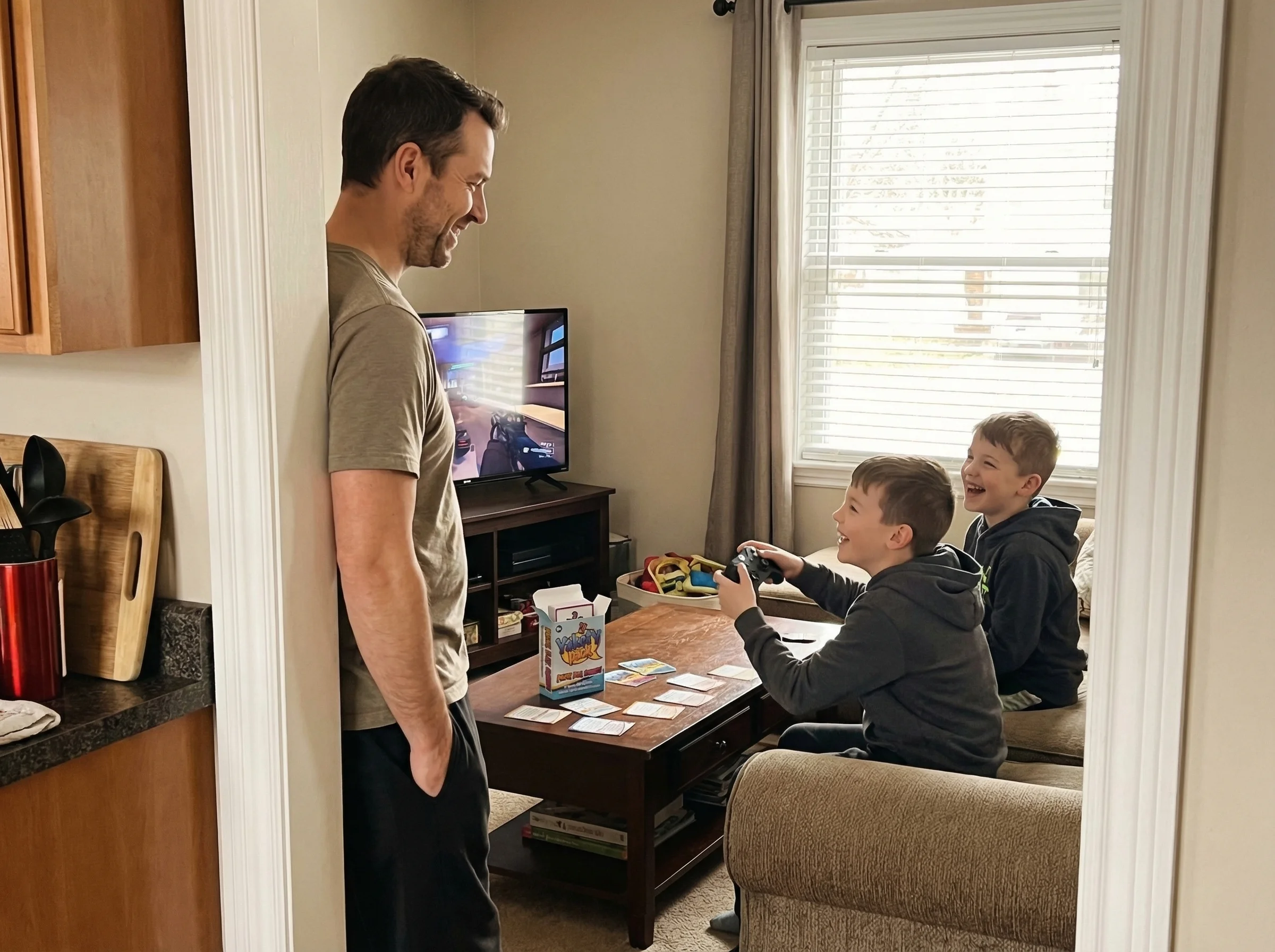 A dad watching from the kitchen doorway as his two sons share the controller, passing it back and forth naturally while playi