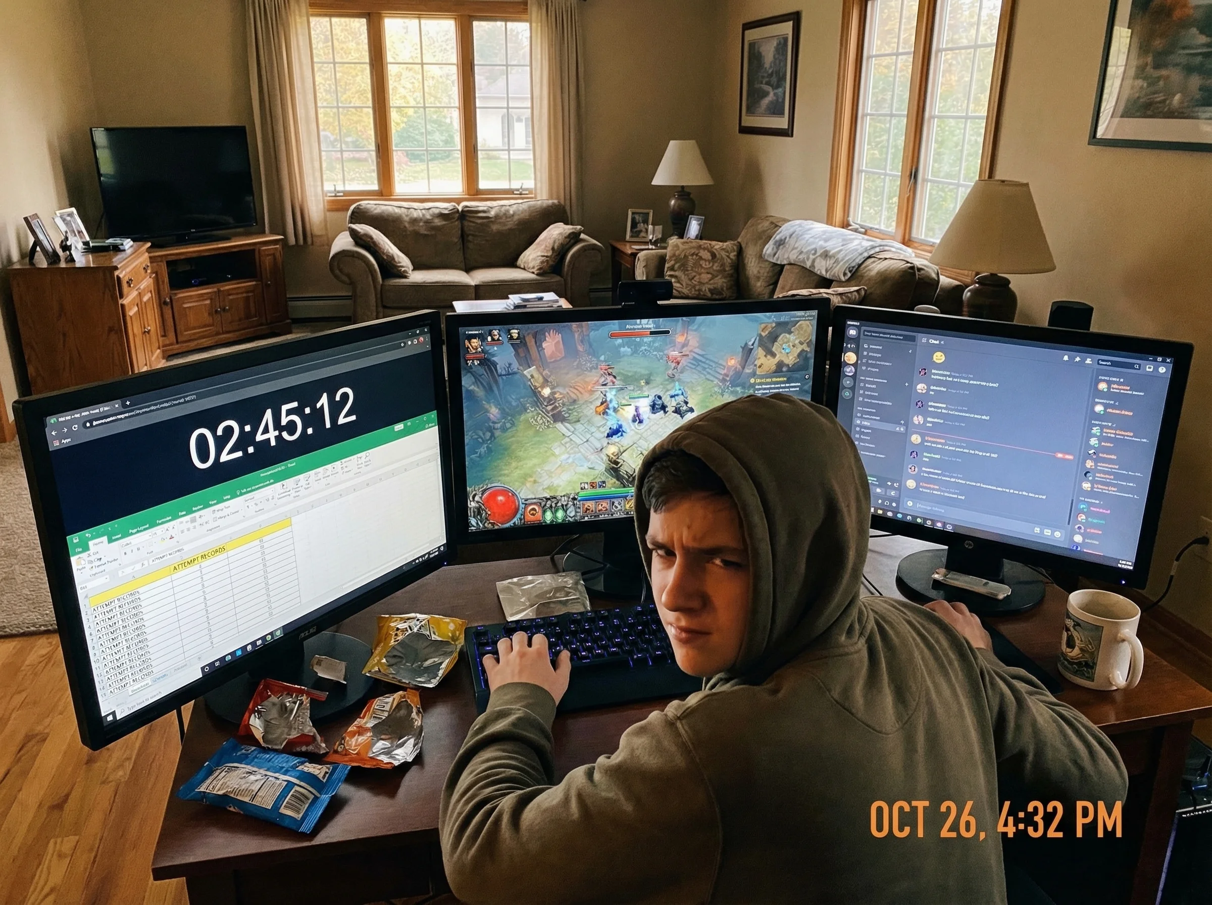 Teen at gaming setup with multiple monitors, one showing a game, another displaying a timer and spreadsheet with attempt reco