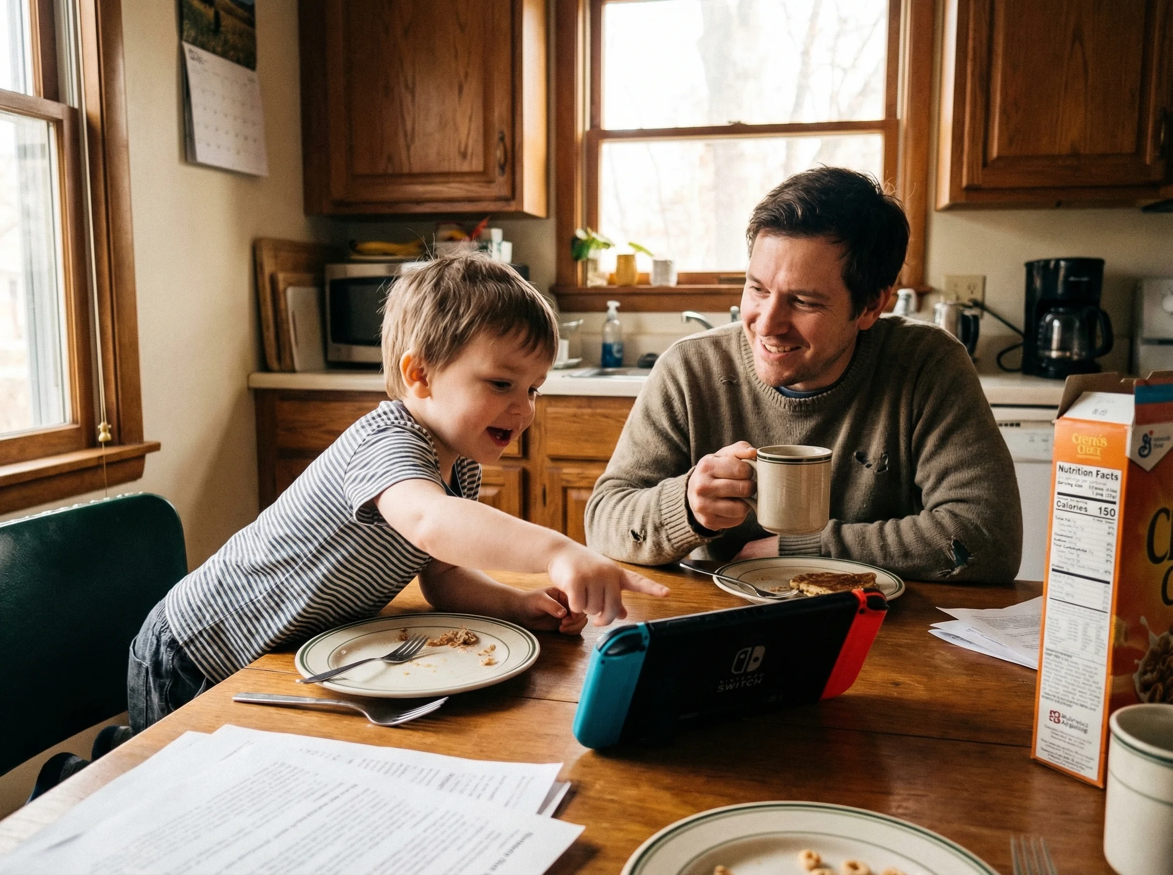 Parent and child at kitchen table, child animatedly explaining something while gesturing at their Nintendo Switch, parent lis