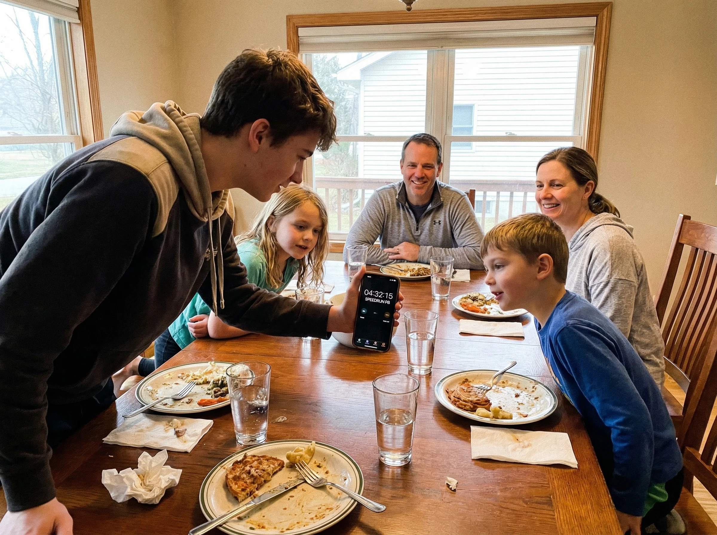 Family dinner table scene where teen is excitedly showing phone with speedrun timer to interested siblings while parents look