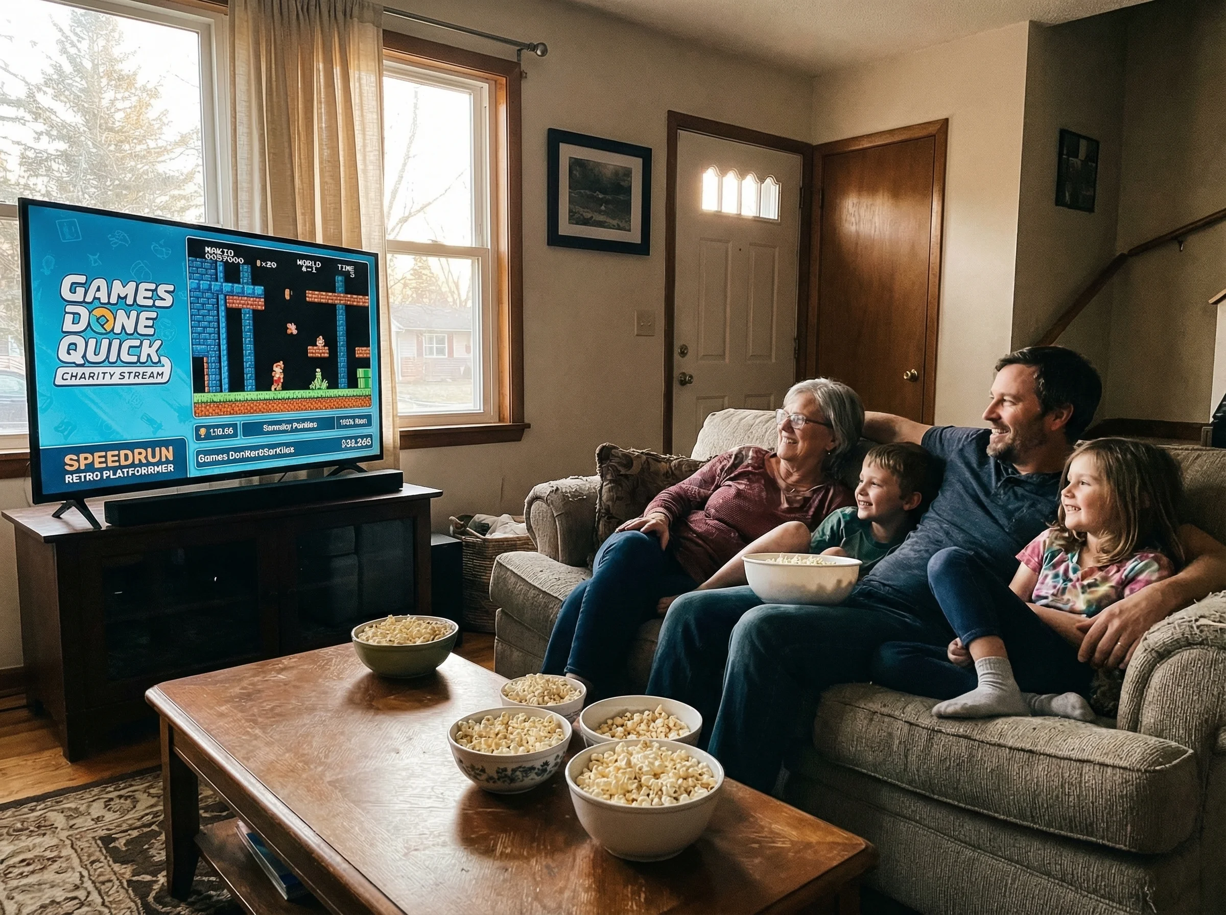 Living room TV showing Games Done Quick charity stream with family watching together on couch, bowls of popcorn visible