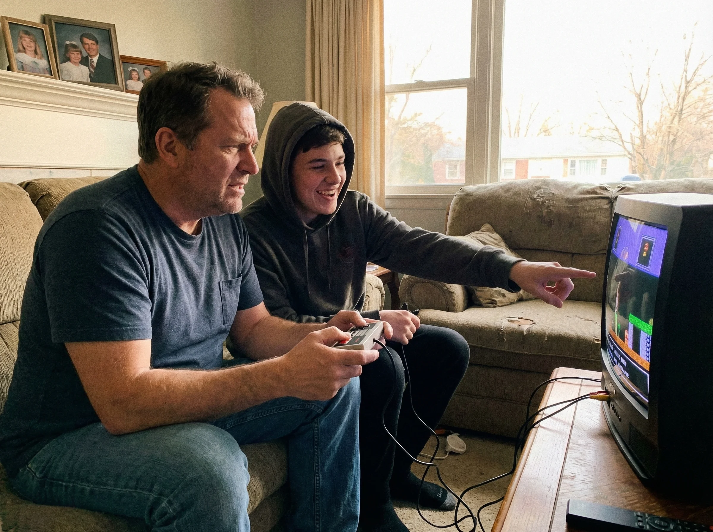 Dad attempting to play a retro game while teen coaches from beside him, both laughing as dad clearly struggles with the contr