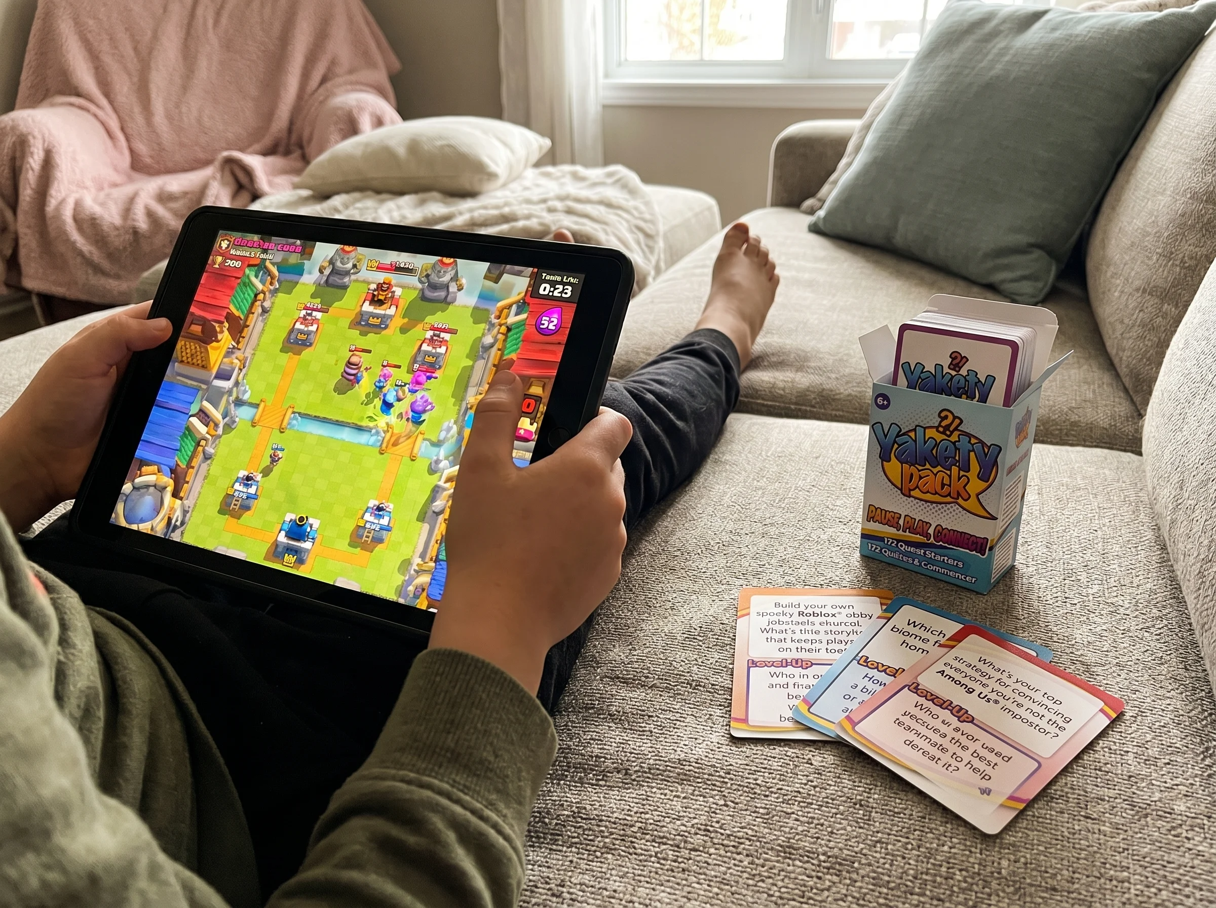 A kid's hands on a tablet playing Clash Royale, the screen showing a battle in progress, casual living room couch in the back