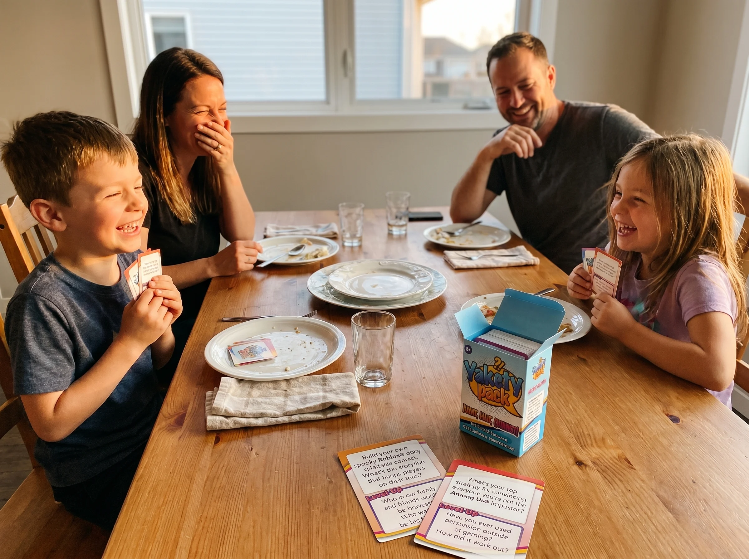A family of four around a dining room table laughing, kids holding cards close to their chest, plates pushed to the side, gol