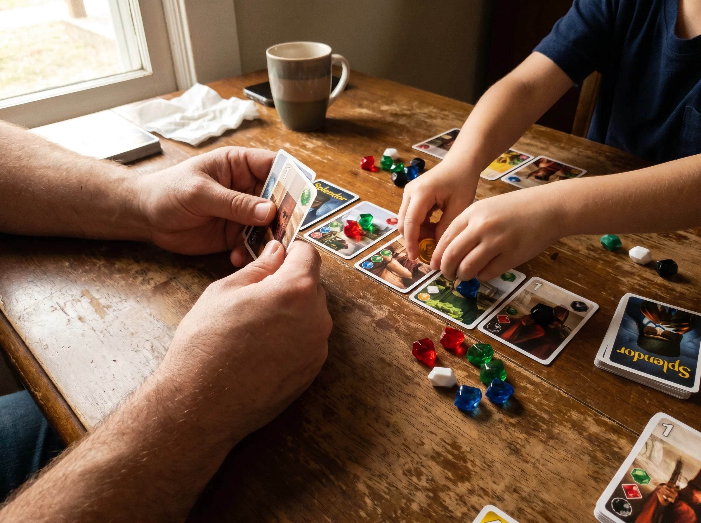 A dad's hands and a kid's hands mid-game over a Splendor board, gem tokens scattered, focus on the hands, no faces visible